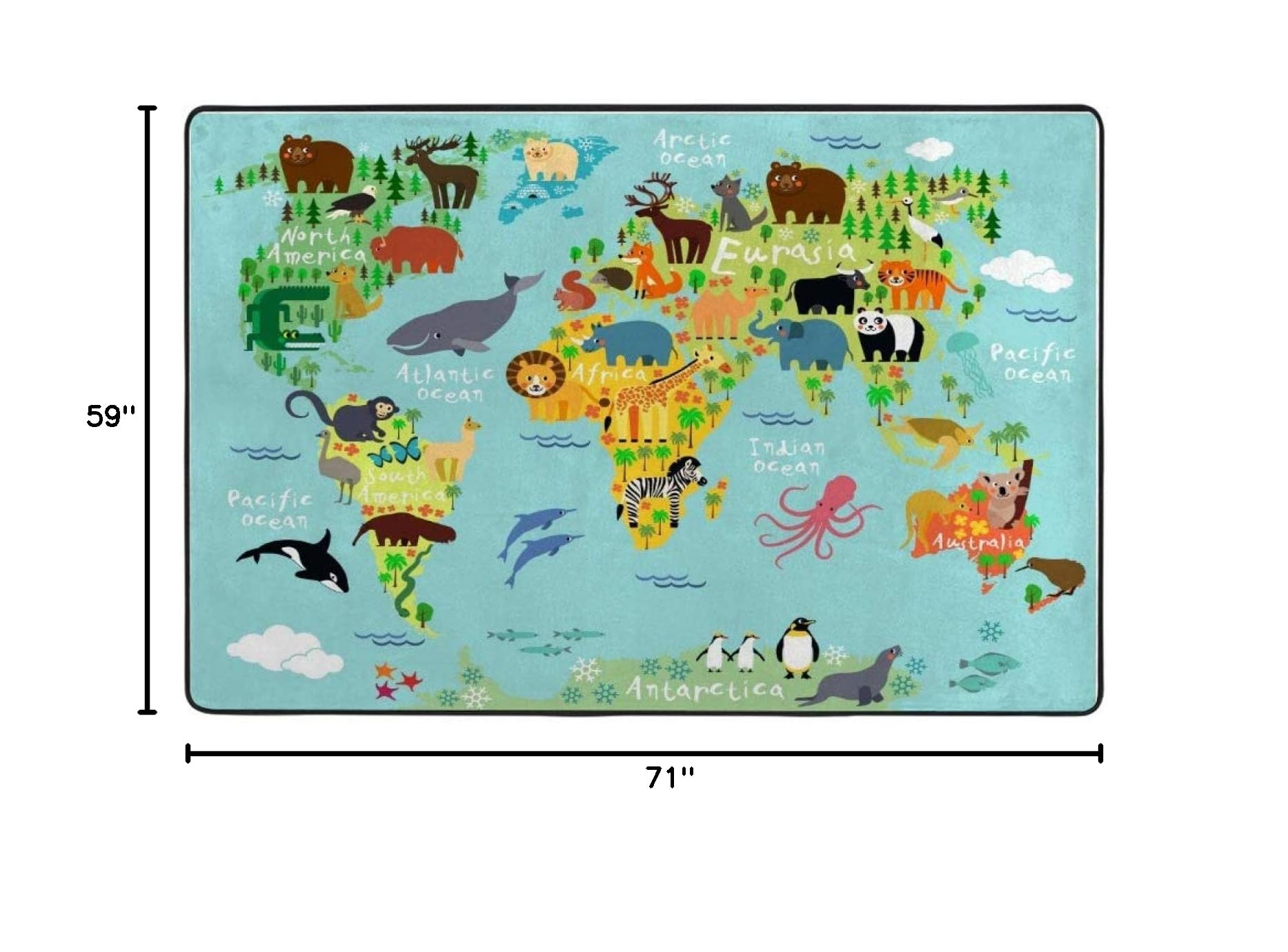 Educational Kids World Map Rug with Animal Distribution - Non-Slip 5' x 6' Floor Carpet for Living Room, Bedroom & Playroom - Perfect for Learning Geography & Home Decor