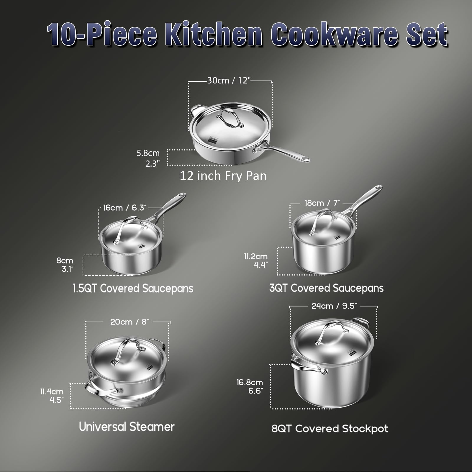 Premium 10-Piece Stainless Steel Cookware Set - Multi-Ply Clad Pots & Pans with Fry Pan | Dishwasher & Oven Safe up to 500°F | Ideal for Professional Chefs & Home Cooking | Perfect for Searing, Boiling & Sauteing