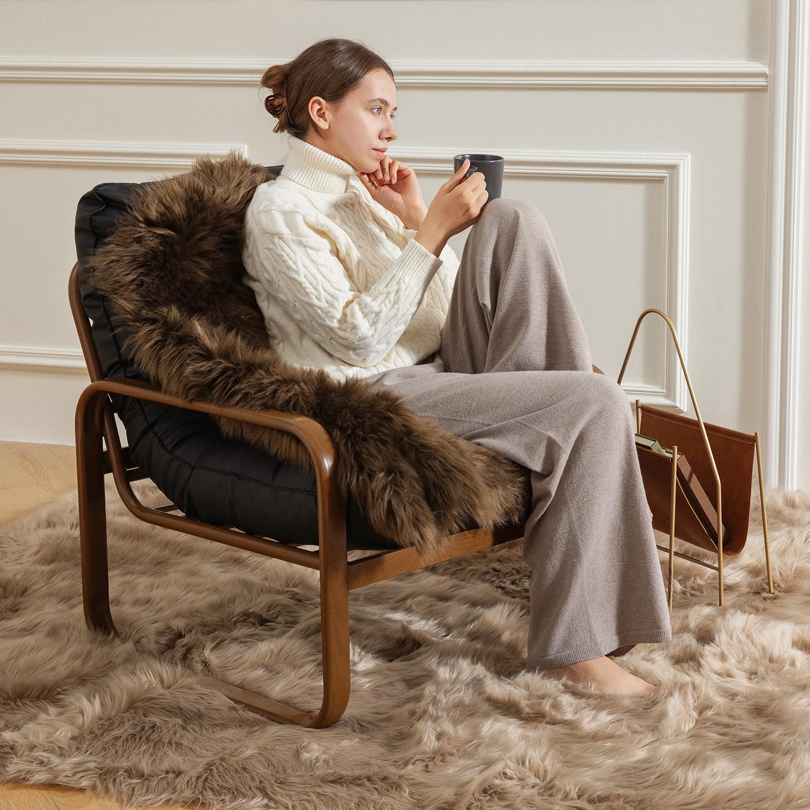 Premium Fluffy Faux Fur Rug - Ultra Soft 2x6 Feet Shaggy Area Rug | Machine Washable Dark Coffee Sheepskin Rug for Cozy Bedroom, Nursery, Kids Room & Living Room Decor | Perfect for Winter Warmth, Home Theater Seating & Pet-Friendly Flooring