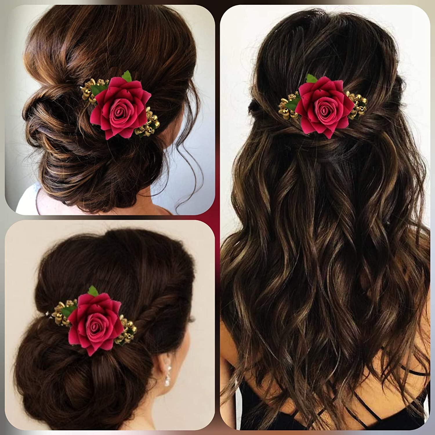 Pranavi Collection Red Rose Flower Hair Clips for Women & Girls - Pack of 1 | Hair Pins, Bun Maker & Hair Accessories for Parties, Weddings & Everyday Wear
