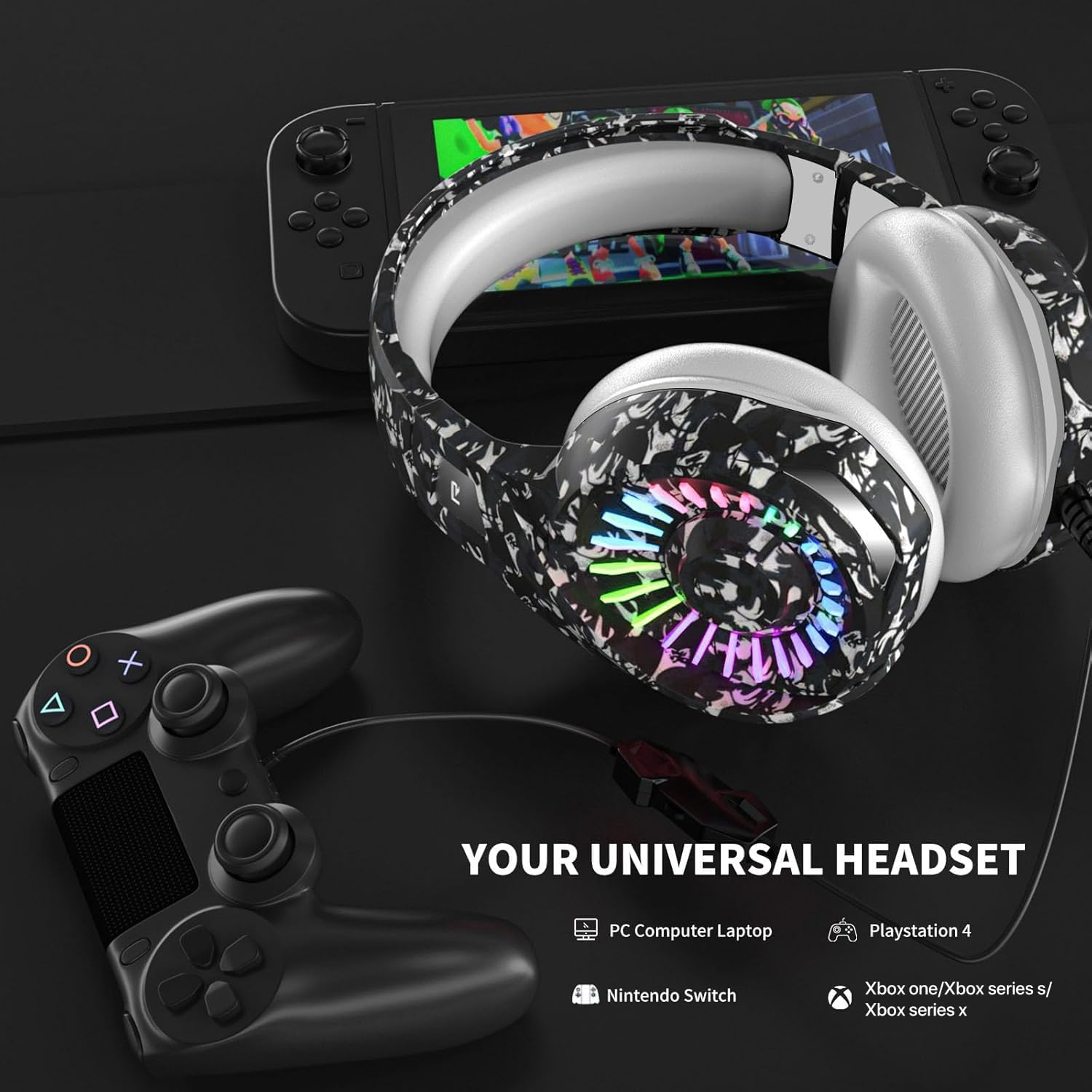 ZIUMIER Camo Gaming Headset with Microphone - Wired 3.5mm Headphones for PS4, PS5, Xbox One, PC, Laptop, Mac & Switch | Bass Surround Sound, LED Lights & Camouflage Design | Perfect for FPS Games, Streaming & Online Chatting