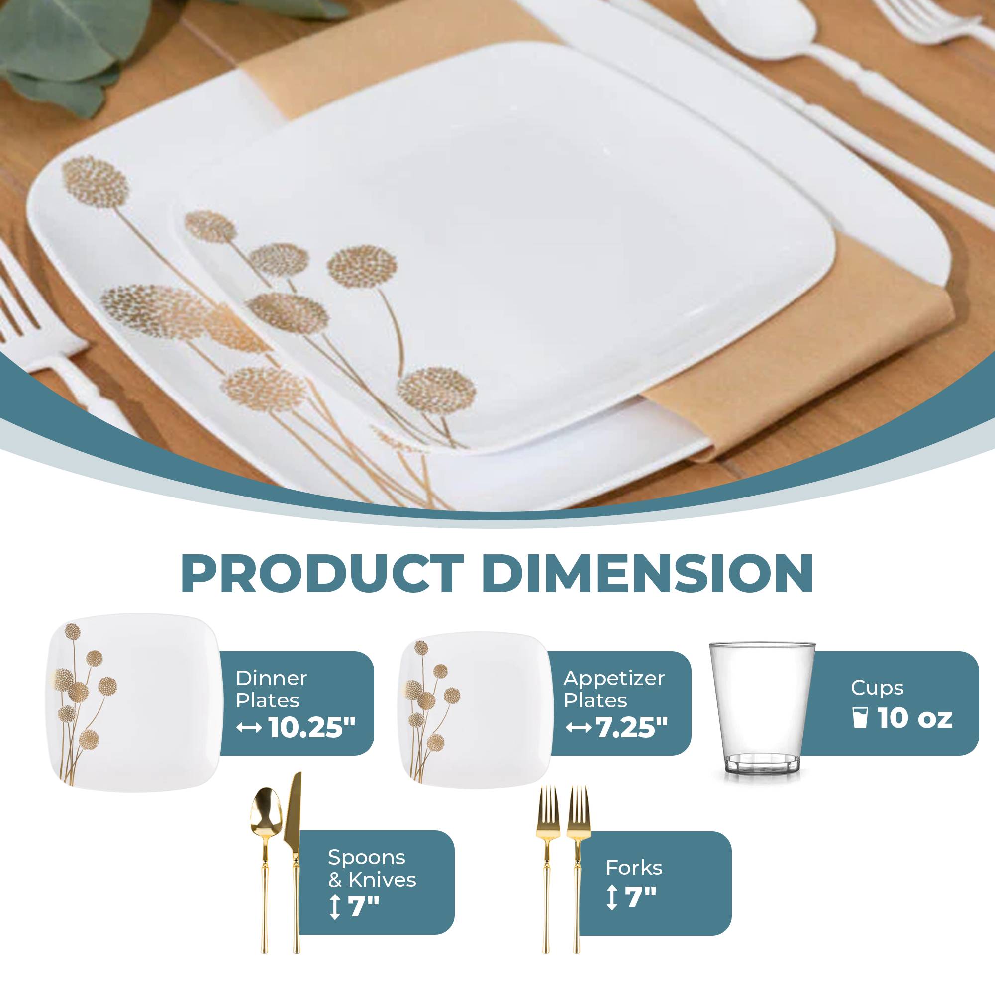 White and Gold Plastic Party Bundle - Dandelion Themed Decorations for Birthday, Wedding, Baby Shower & Special Events