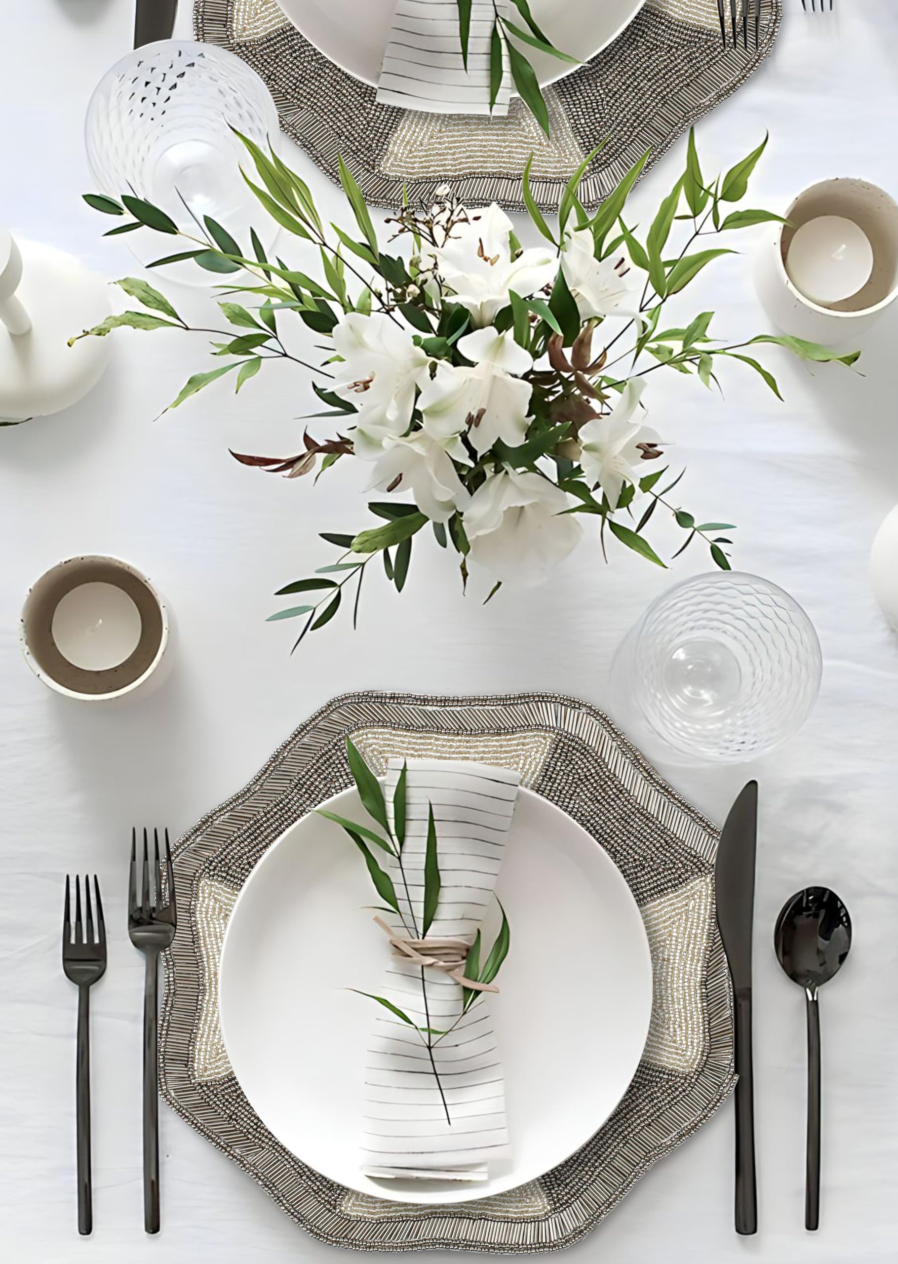 Glitz Beaded Round Placemats for Dining Table - 13 Inch Charcoal Silver Beaded Charger Mats, Elegant Table Decor for Thanksgiving, Family Gatherings & Special Occasions - Perfect for Holiday Dinners, Wedding Receptions & Party Decorations