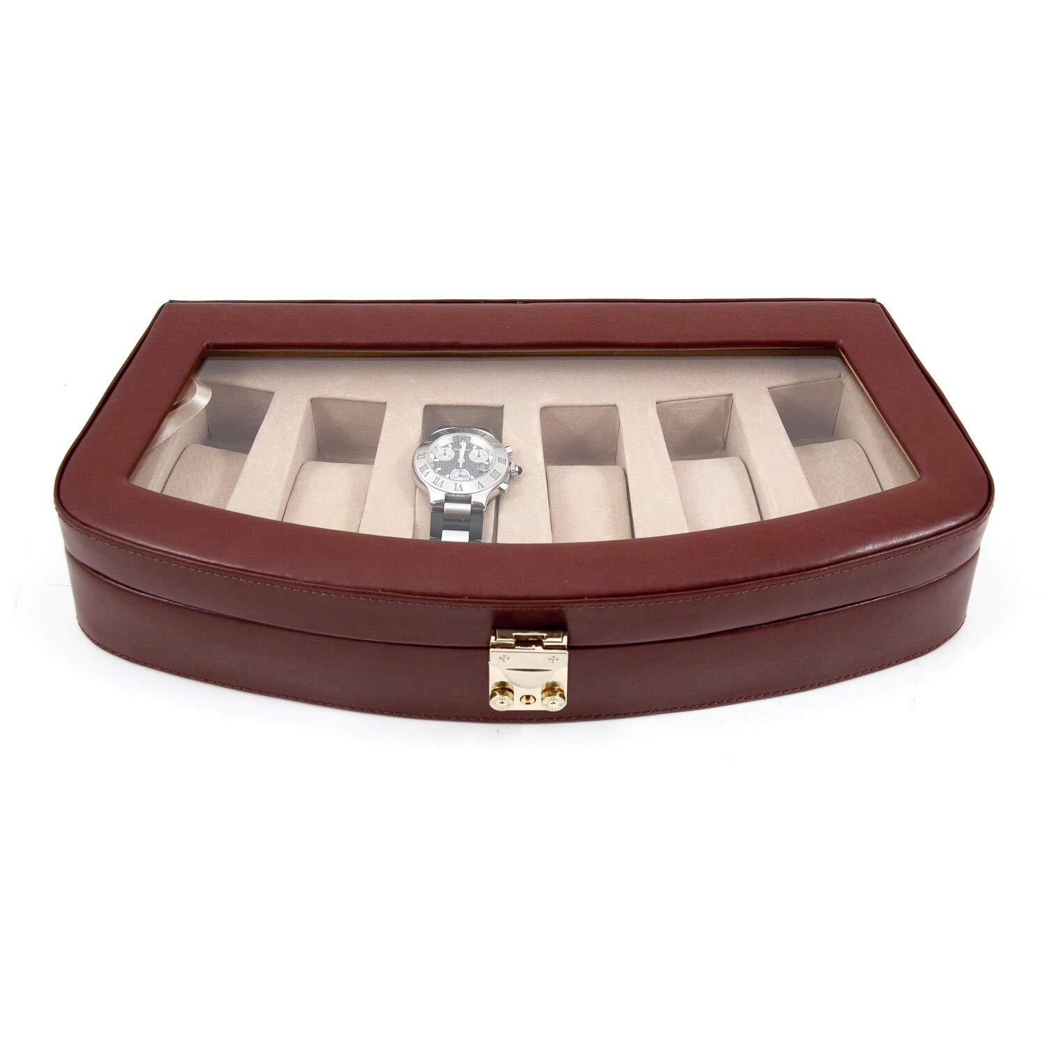 Premium Black Leather 6-Slot Watch Case with Glass Top Viewing Window & Secure Locking Clasp - Genuine Pigskin Leather Lined Interior for Luxury Watch Storage | Perfect for Travel, Home Display & Watch Collector Organization