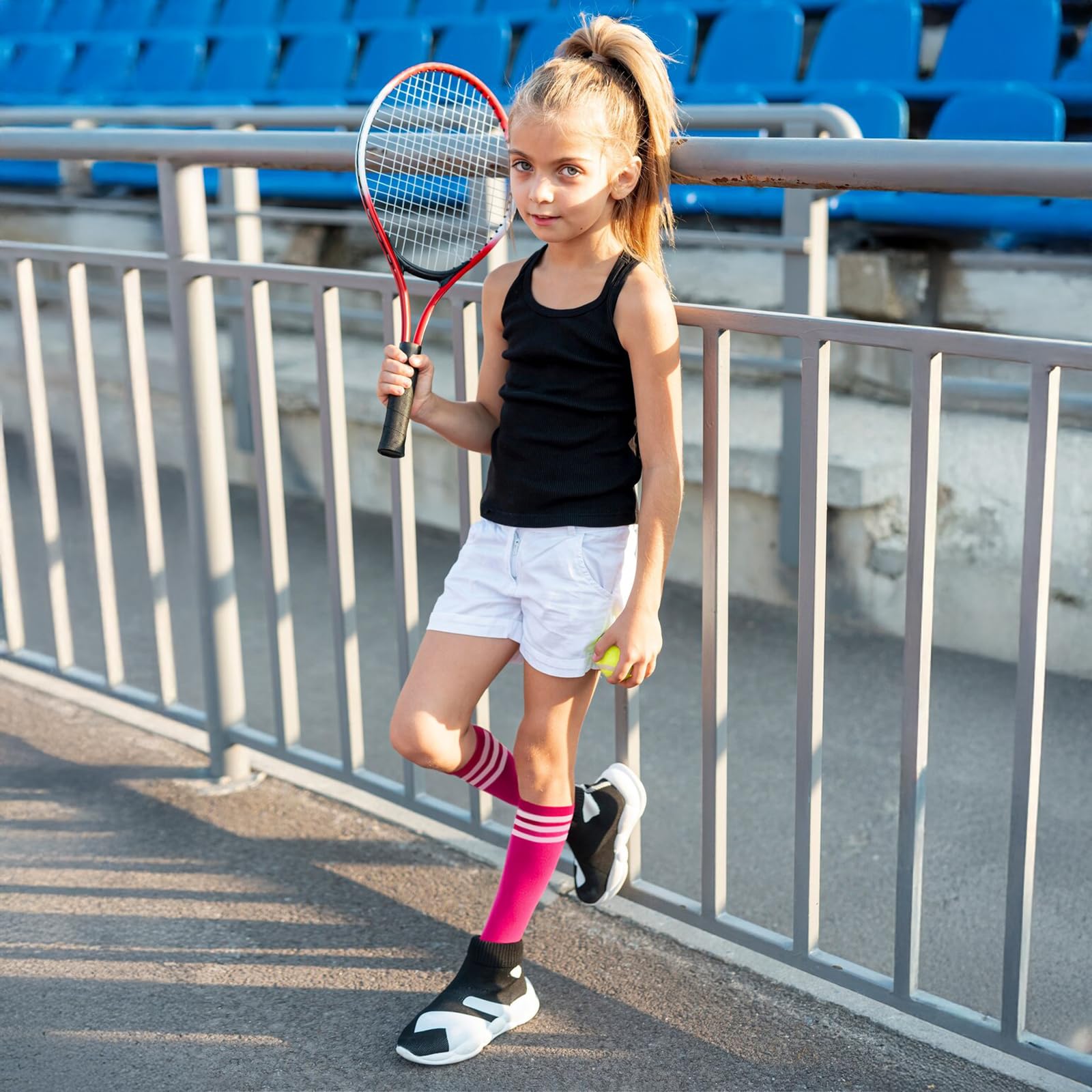 **Comfoex Kids Soccer Socks 4 Pairs - Girls Baseball & Football Sports Knee High Socks with Cotton Stripes - Perfect for Soccer, Baseball, Football & School Sports**