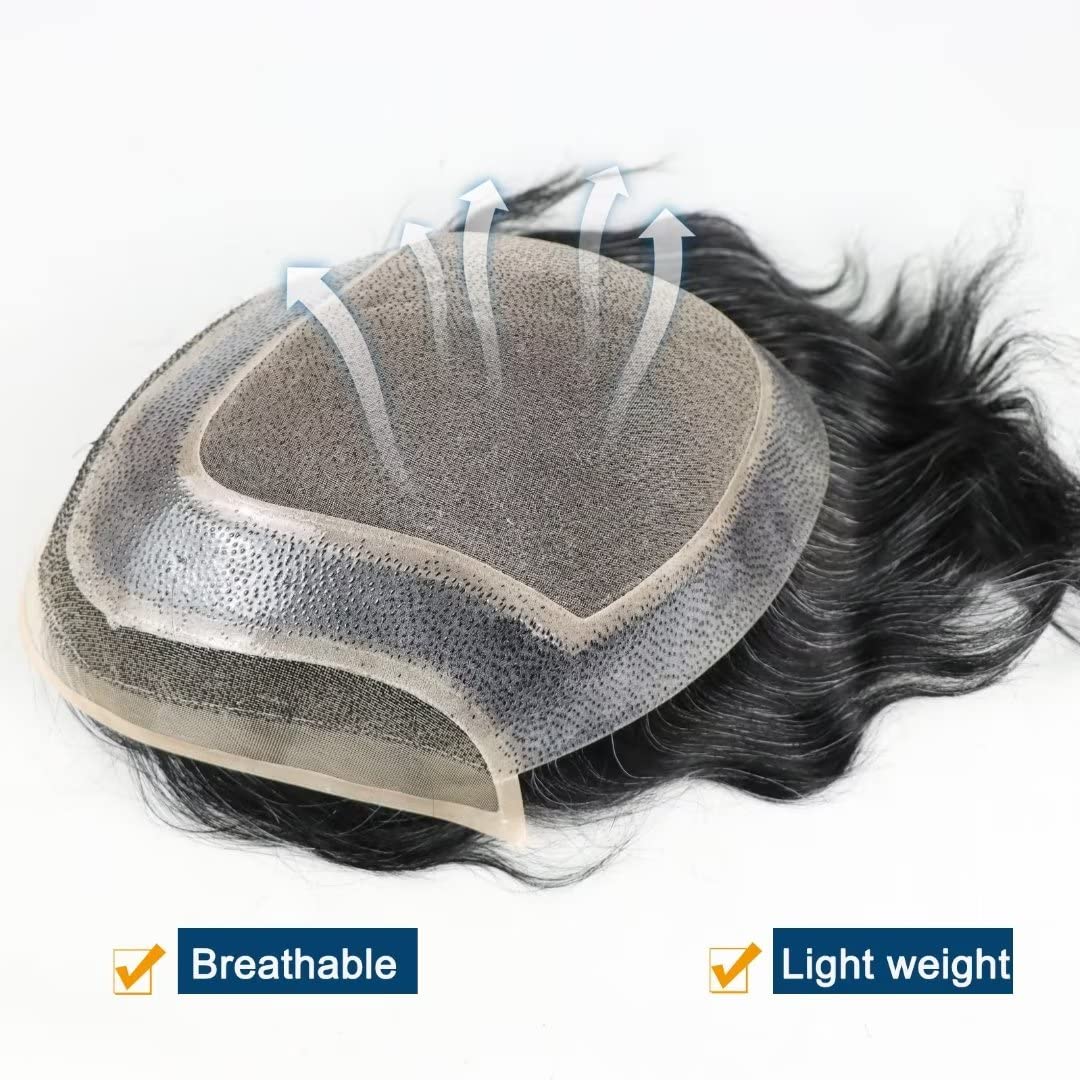 Premium Human Hair Toupee for Men - Mono Lace & Thin Skin Hair System - 80% 1B Black with 20% Gray - Natural Looking Hair Replacement for Thinning Hair - Perfect for Daily Wear, Work, and Special Occasions