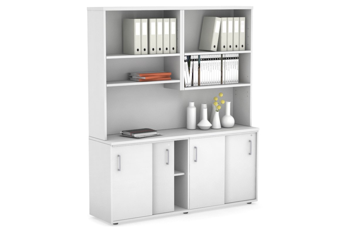 Modern White Sliding Door Credenza with Open Hutch - 1600W x 750H x 450D - Perfect for Home Office, Living Room & Bedroom Storage Organization