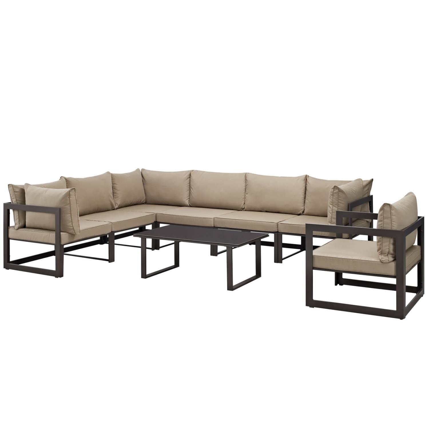 Modway Fortuna 8-Piece Aluminum Outdoor Patio Sectional Sofa Set with Brown Mocha Cushions - Durable Weather-Resistant Garden Furniture for Backyard, Poolside & Terrace Relaxation