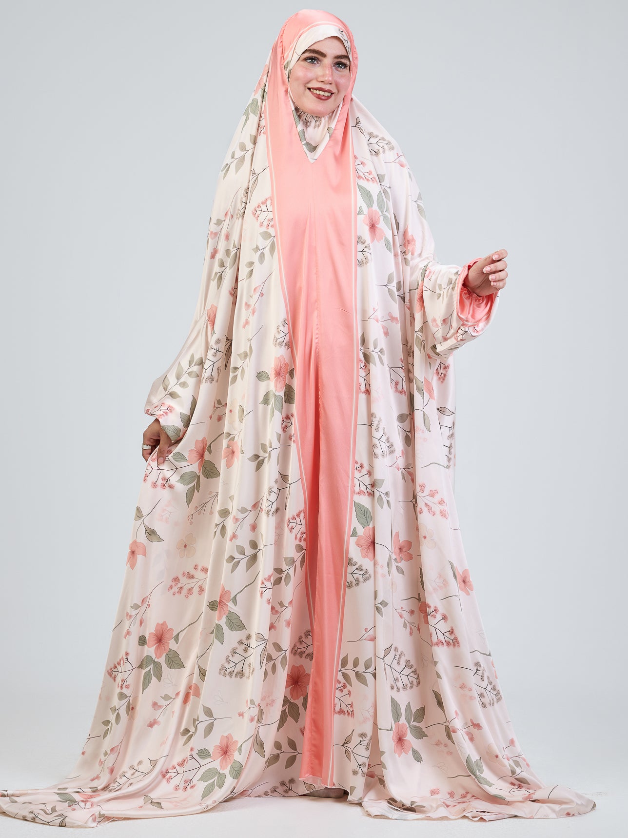 Elegant Satin Floral Prayer Gown with Elastic Cuffs - Women's Modest Sleepwear for Church, Home Worship & Special Occasions