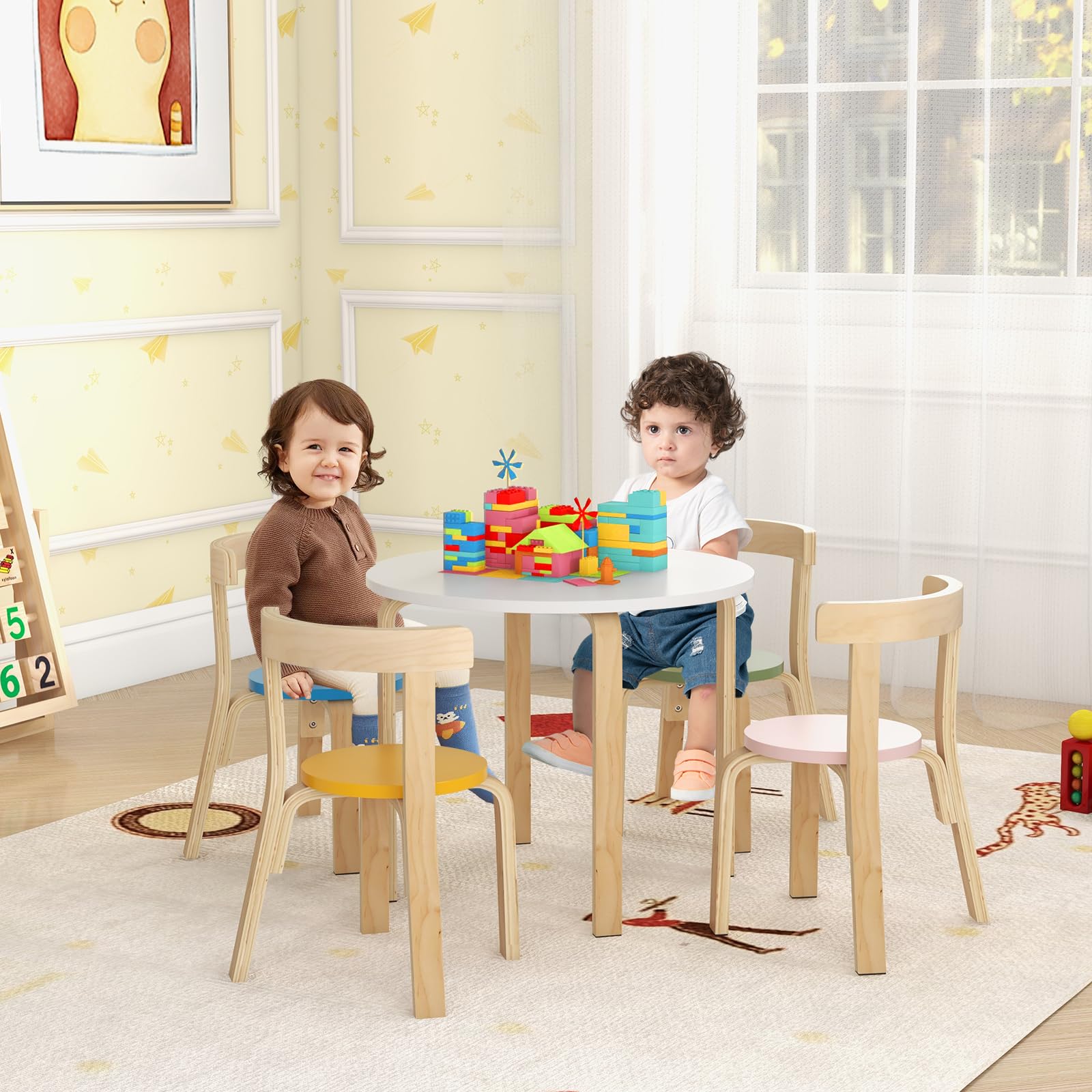 **HONEY JOY Kids Table and Chair Set - 5-Piece Bentwood Toddler Round Table with 4 Chairs for Crafts, Art, Building Blocks | Perfect for Daycare, Kindergarten, Playroom & Home Learning Activities**