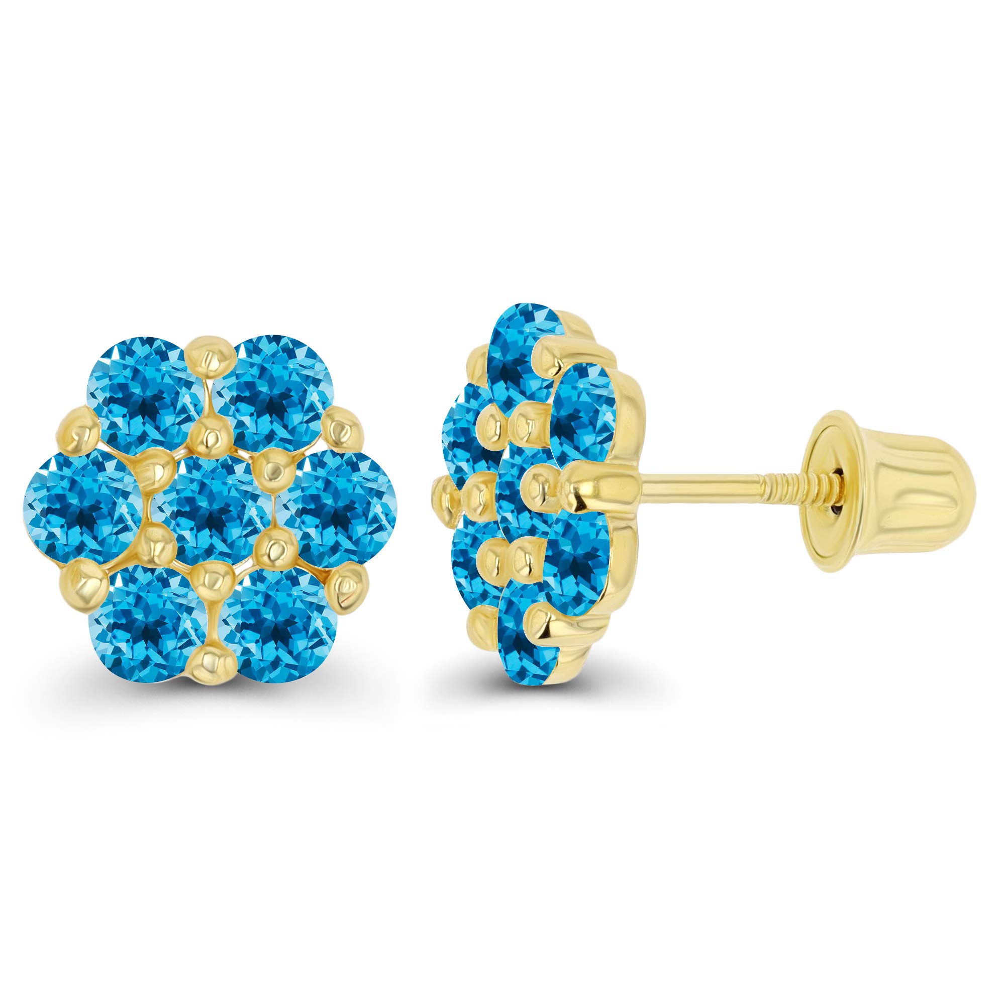14K Gold 8mm Cluster Natural Birthstone Flower Screwback Stud Earrings for Women | Round Birthstone Jewelry | Perfect for Weddings, Anniversaries & Gift Giving