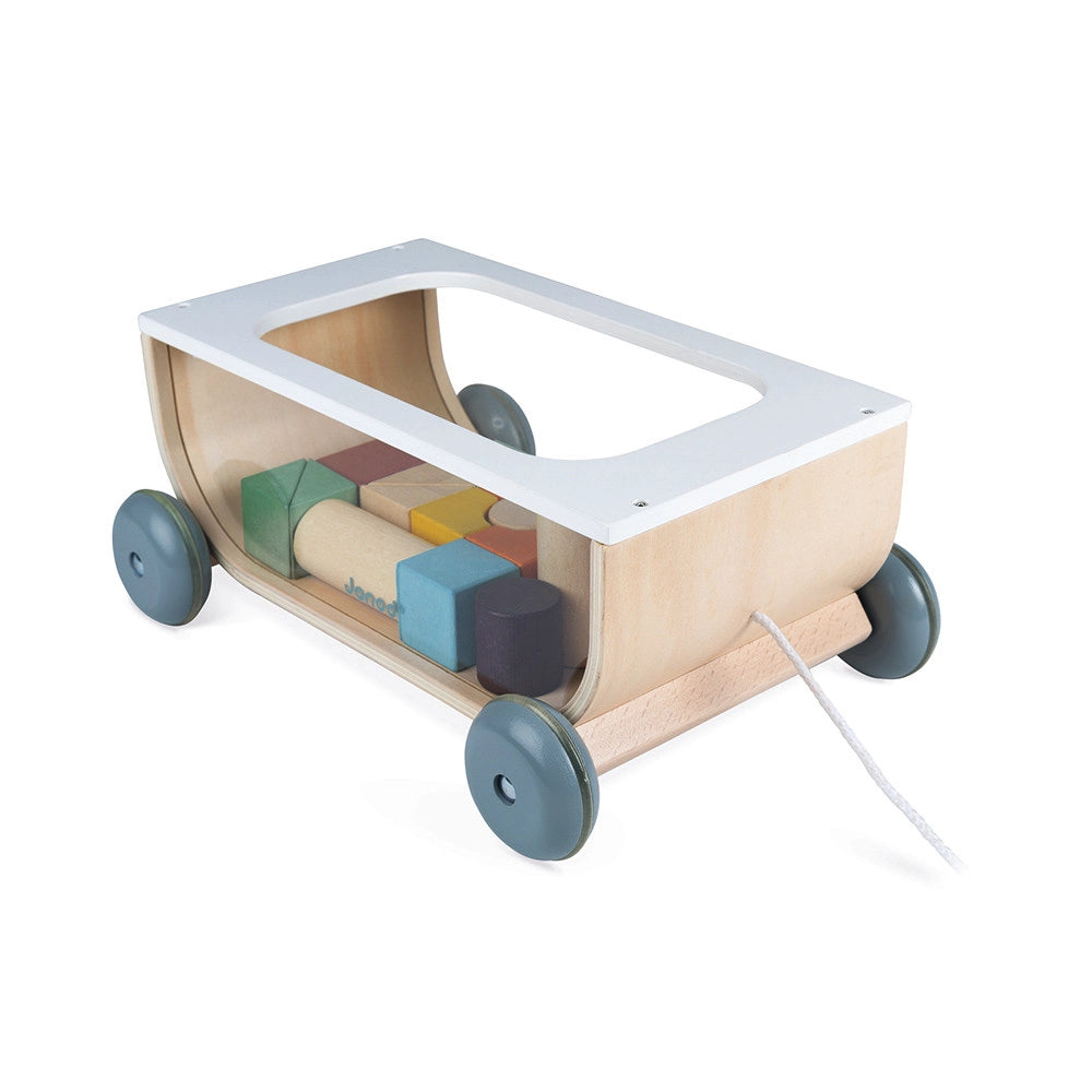 Janod Sweet Cocoon Wooden Baby Walker & Activity Cart with Building Blocks - Perfect for Toddler Learning, Walking Practice & Playtime Fun