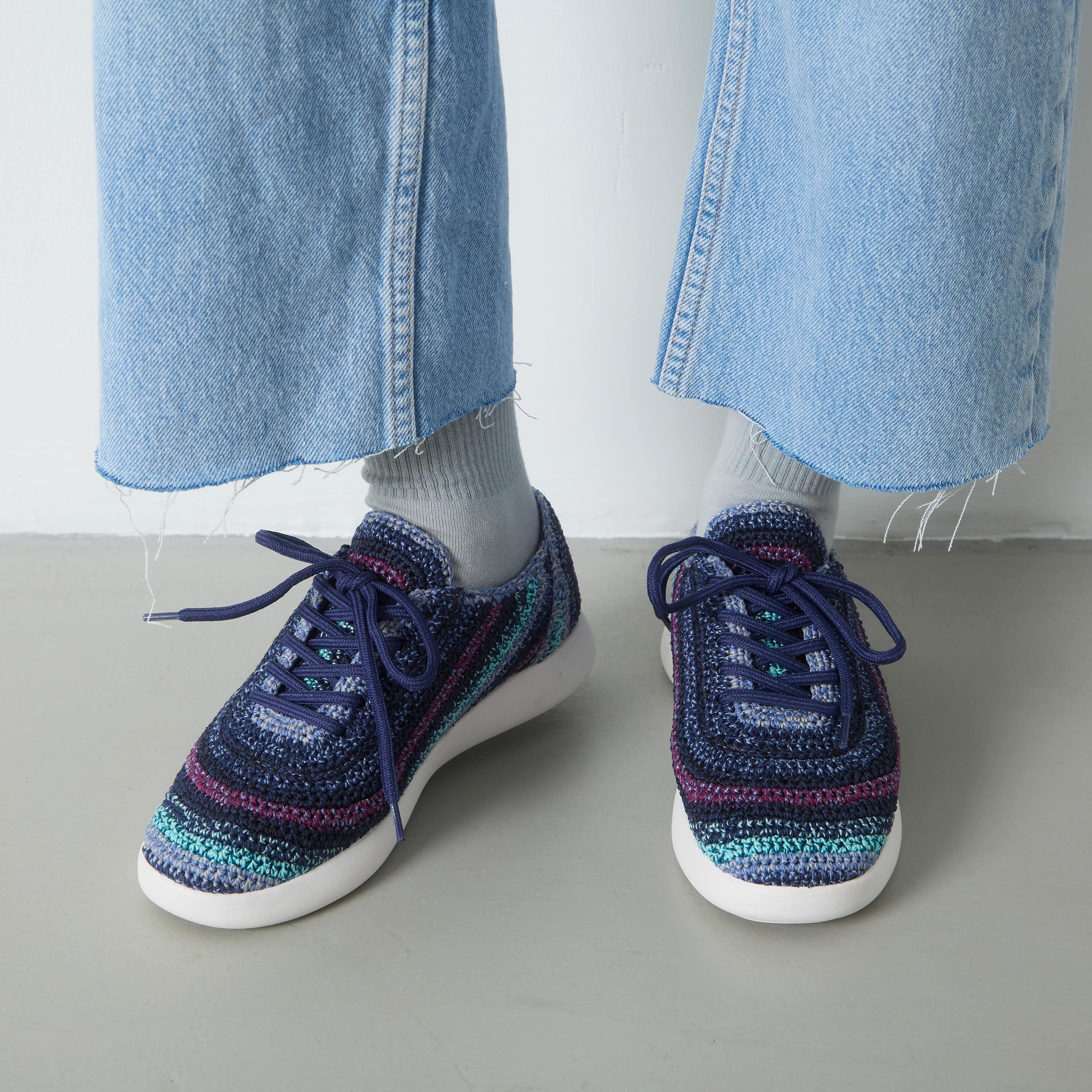 Asha Sneaker - Hand Crochet Lapis Stripe Women's Casual Shoes | Comfortable Bohemian Style Slip-Ons for Walking, Travel & Everyday Wear