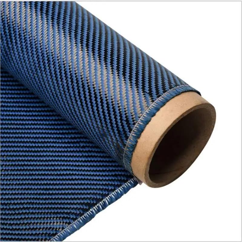 1PC Premium 3K 200gsm 2x2 Twill Weave Kevlar Carbon Fiber Hybrid Fabric - Red/Blue/Yellow Aramid Fiber Reinforced Cloth (Blue, 50cm Width x 4m Length) for DIY Projects, Automotive Parts & Protective Gear