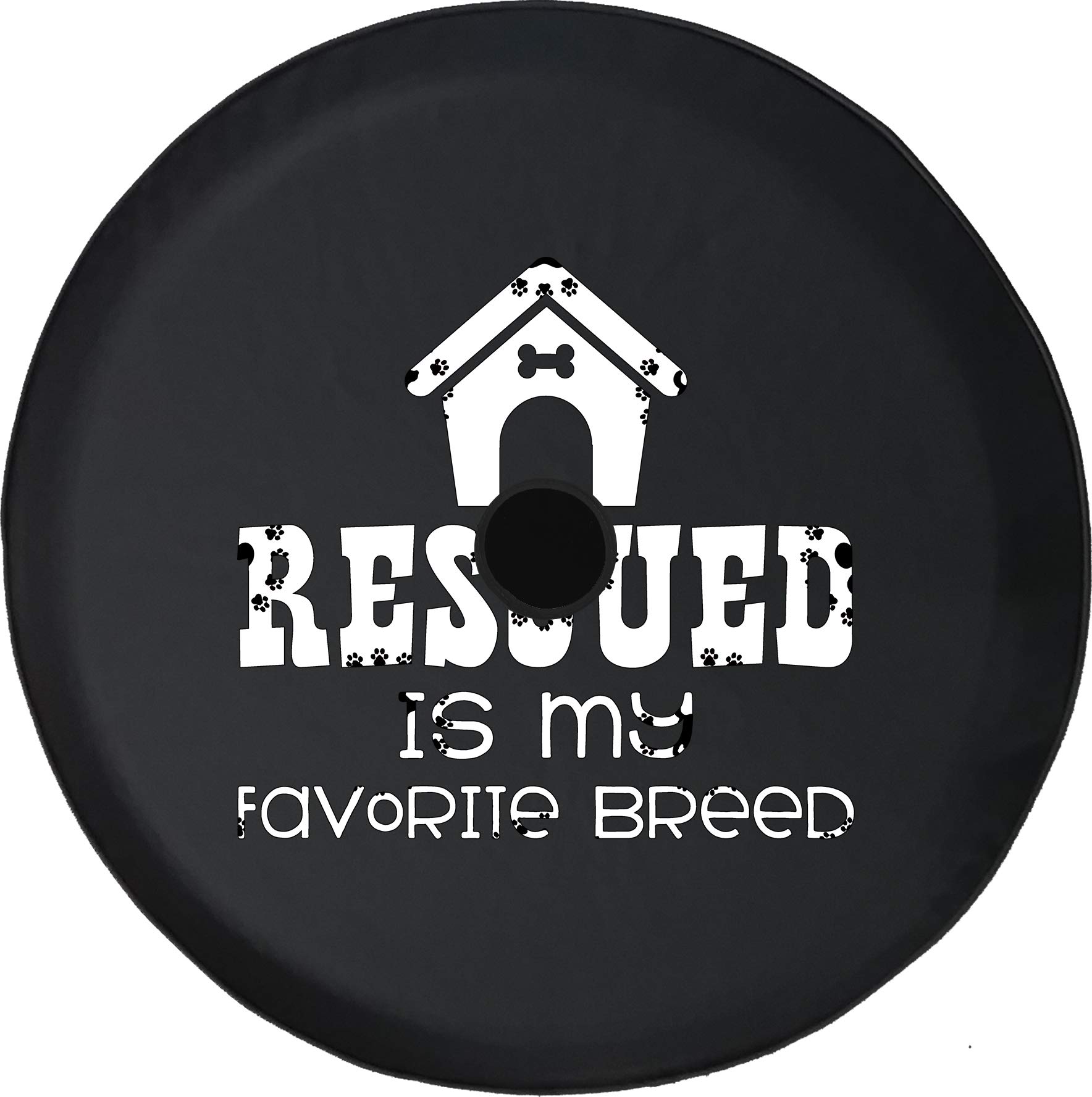 Rescued is My Favorite Breed 32-Inch Black Dog Trailer Tire Cover with Backup Camera Hole - Durable Tire Accessories for Trucks, SUVs, RVs & Campers | Perfect for Road Trips, Camping & Outdoor Adventures