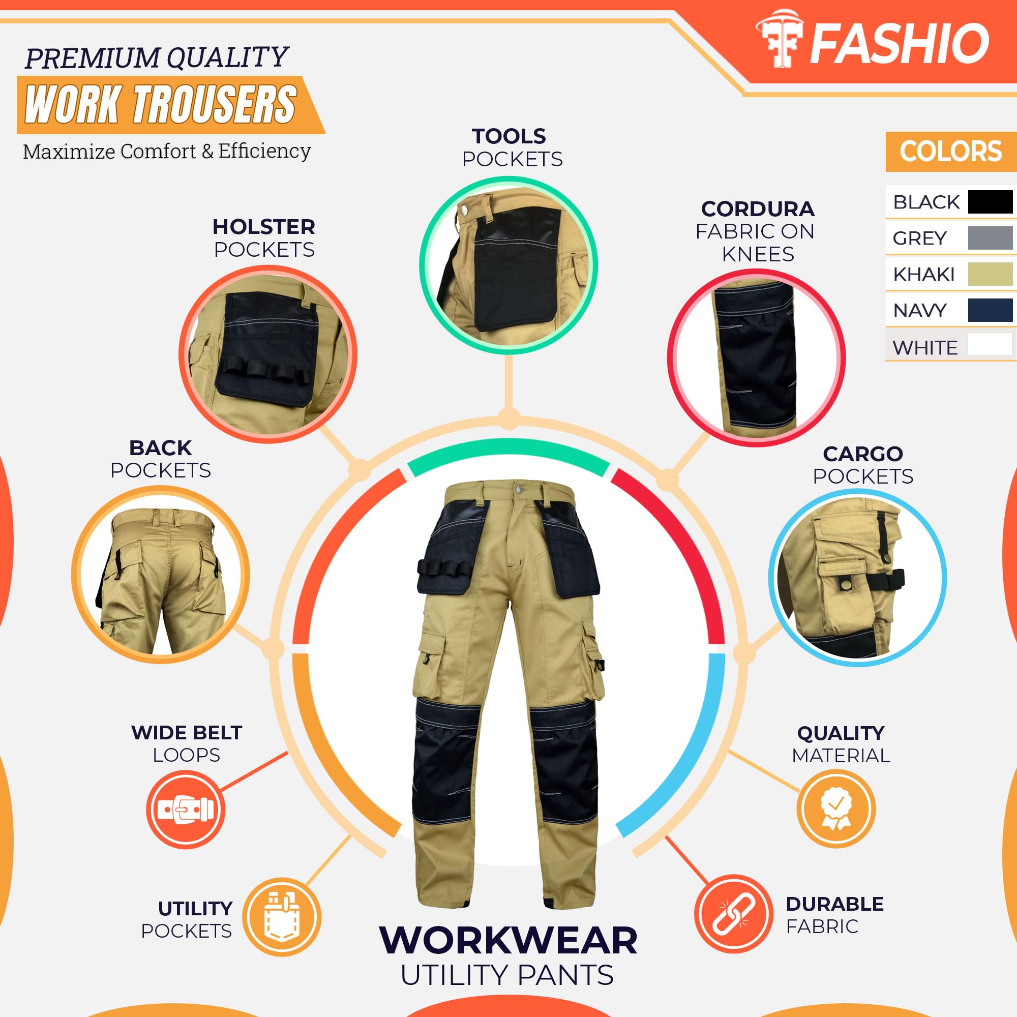 FASHIO FF Men's Cordura Work Pants - Tactical Trousers with Utility Tool Pockets | Heavy Duty Reinforced Carpenter Safety Pants for Construction, Hiking & Outdoor Activities