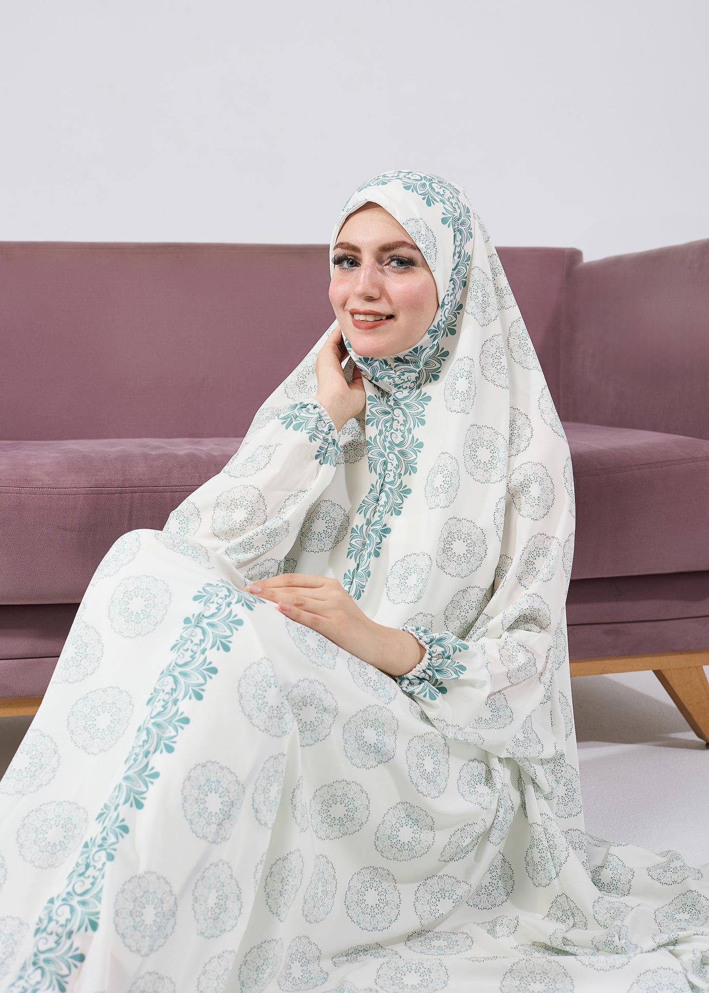Elegant Floral Satin Prayer Gown for Women - Long Sleeve Extended Coverage Islamic Dress - Perfect for Salah, Eid, Ramadan & Special Occasions