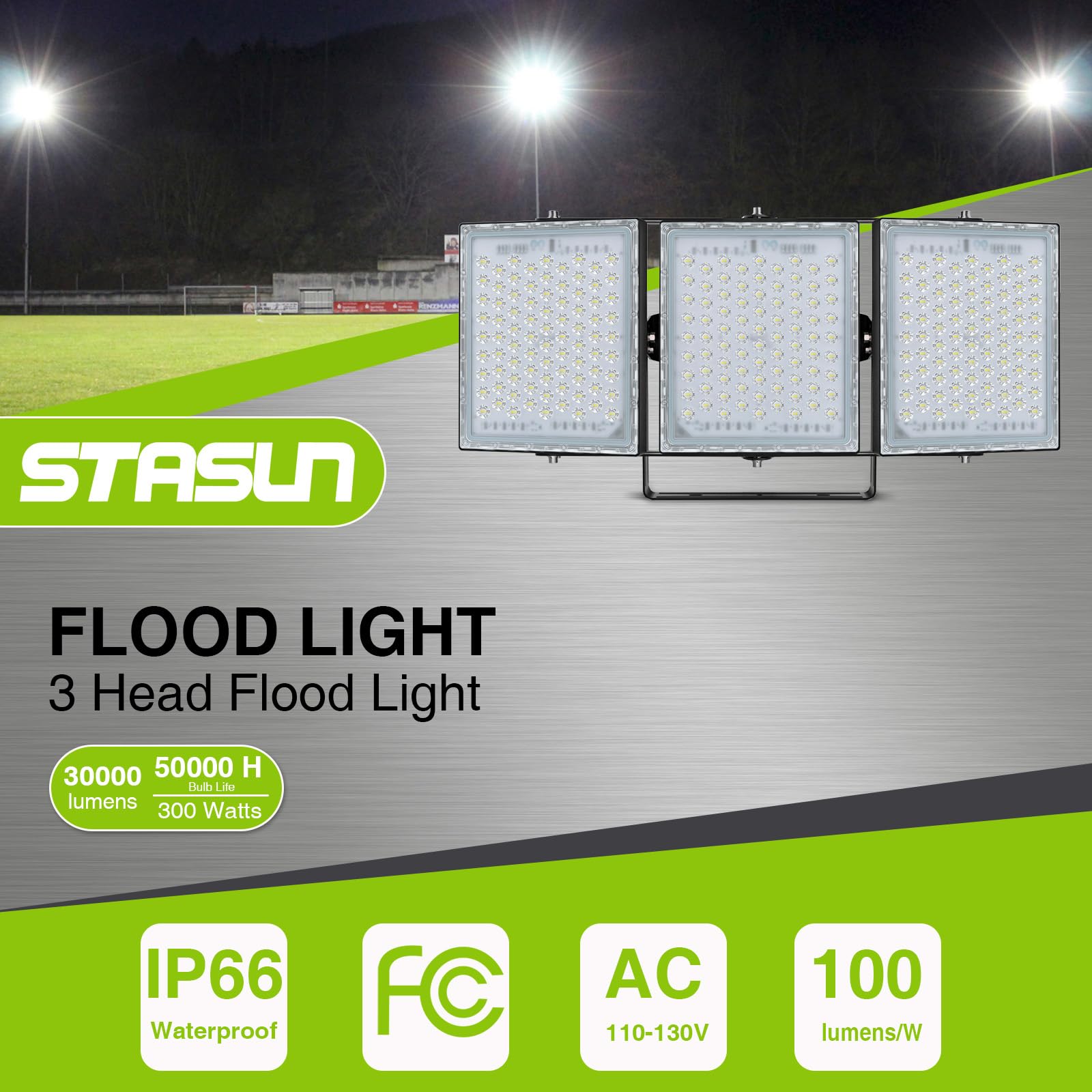 STASUN Flying Series Pro - 450W LED Flood Light Outdoor, 45,000 Lumens Stadium Lighting, IP66 Waterproof Commercial Floodlight, 6000K Daylight White, 3 Adjustable Heads for Yards, Streets, Arenas - Perfect for Outdoor Sports, Parking Lots & Security Lighting