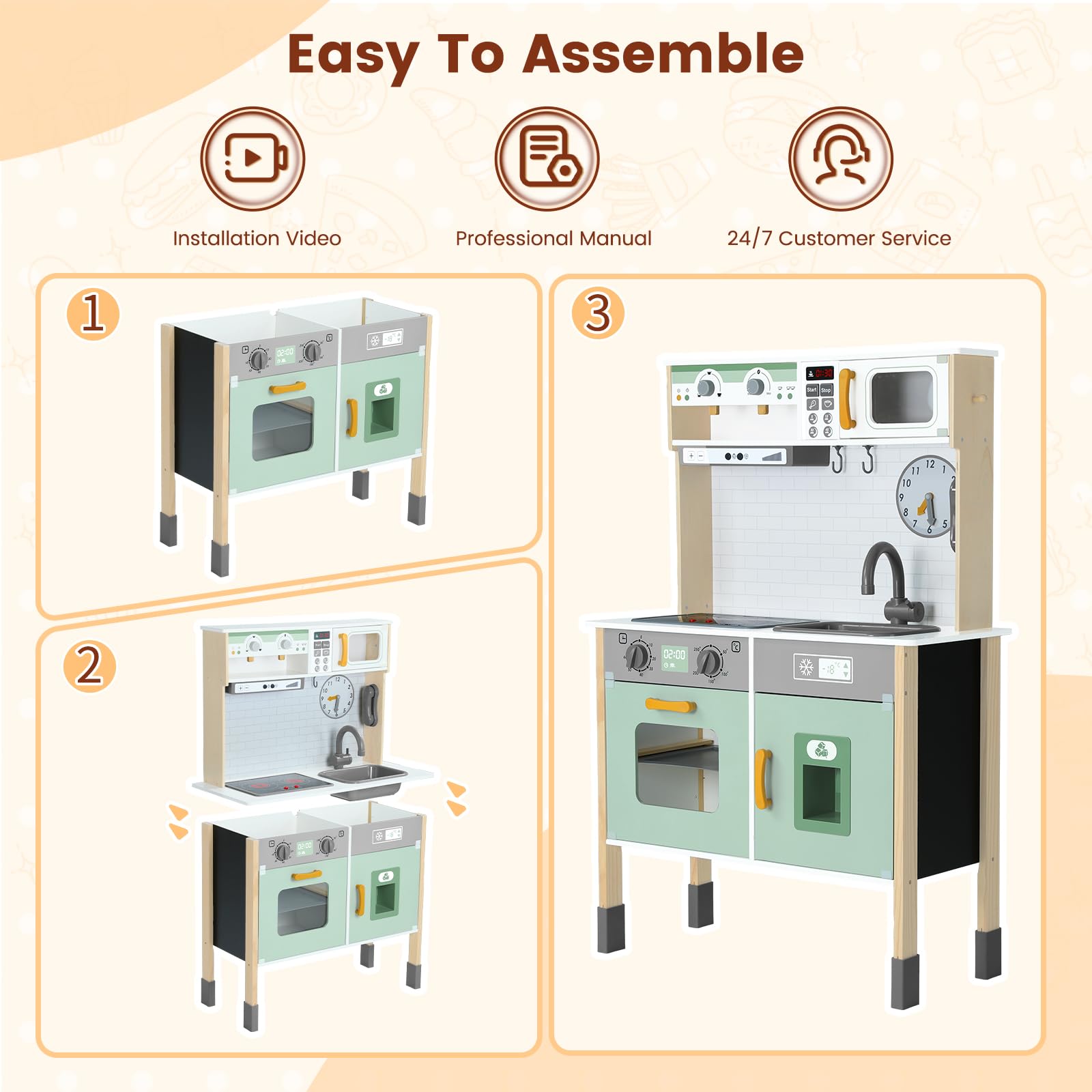 **Wooden Play Kitchen Set for Kids - Adjustable Height Pretend Toy with Real Lights & Sounds, Chalkboard & 35-Piece Toy Food & Cookware Accessories (Green) - Perfect for Pretend Play, Role-Playing & Early Learning**