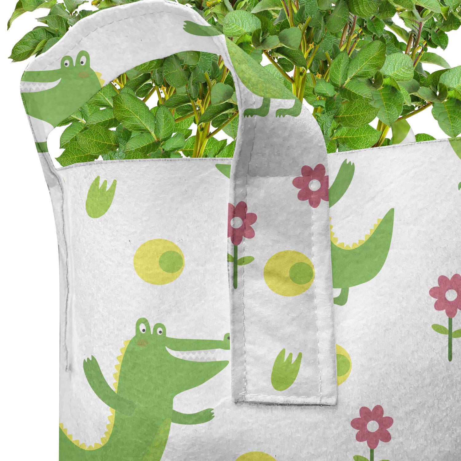 Lunarable Alligator Grow Bags 5-Pack - Heavy Duty Fabric Plant Pots with Handles, Cheerful Animal & Flower Print in Lime Green, Yellow & Pink - Perfect for Indoor/Outdoor Gardening, Container Plants & Vertical Farming