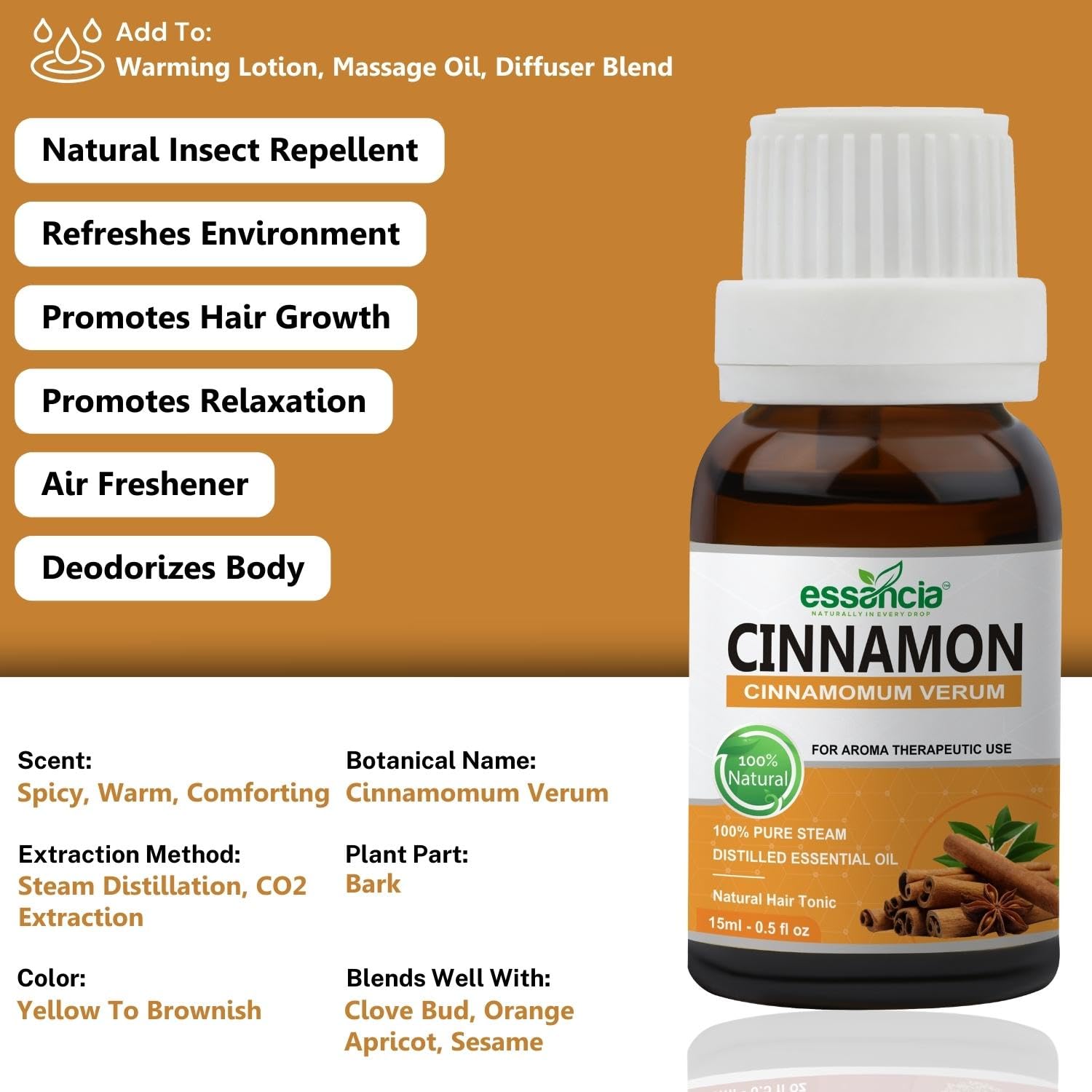Essencia 100% Pure Cinnamon Essential Oil - 15ml Undiluted Therapeutic Grade for Hair Growth, Skin Care, Massage, Aromatherapy Diffuser | Natural Remedy for Relaxation & Wellness