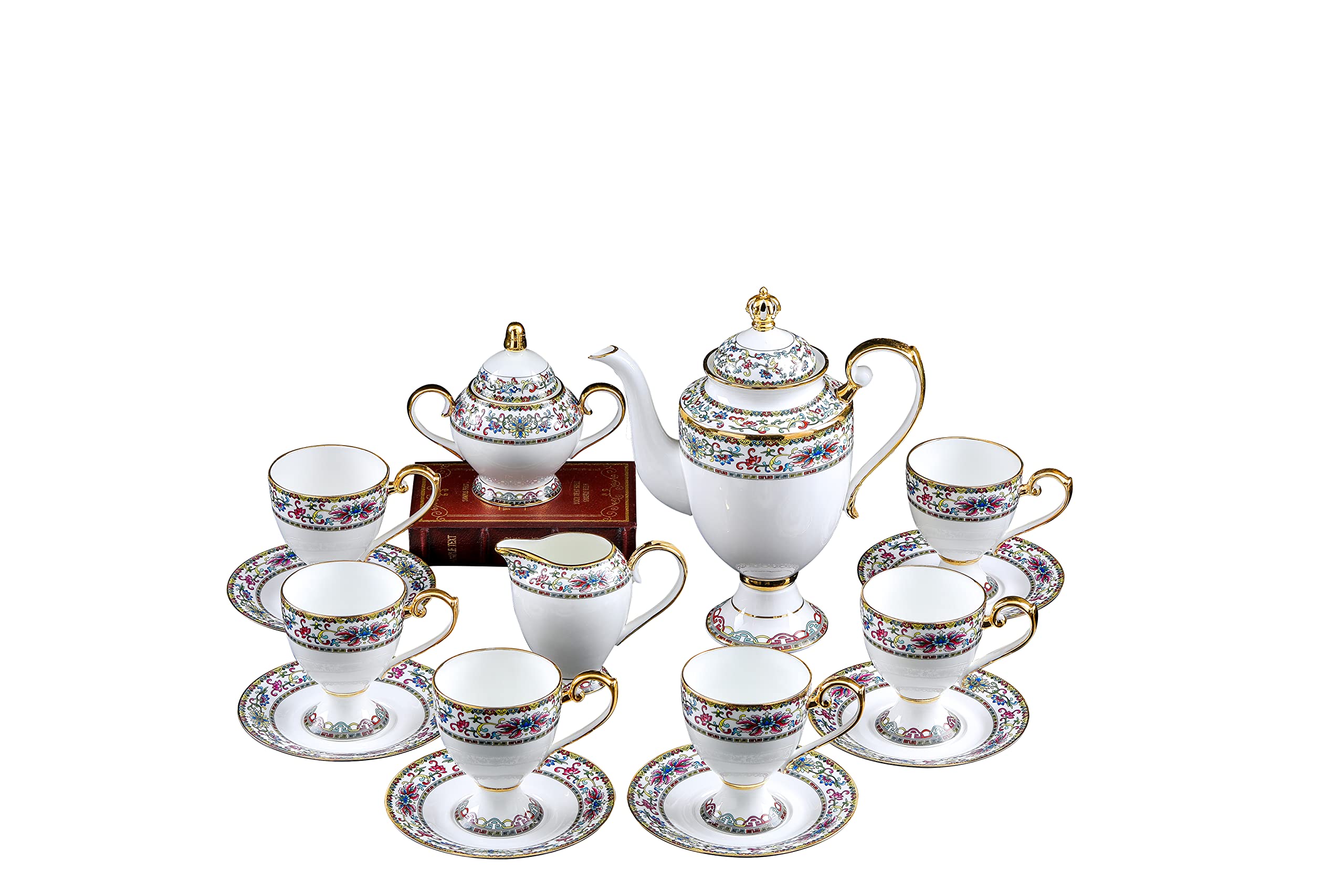 Premium 15-Piece Porcelain Coffee & Tea Gift Set - 6 Cups with Saucers, Teapot, Sugar Bowl, Creamer Pitcher & Teaspoons - Elegant Tea Party & Home Entertaining Essentials