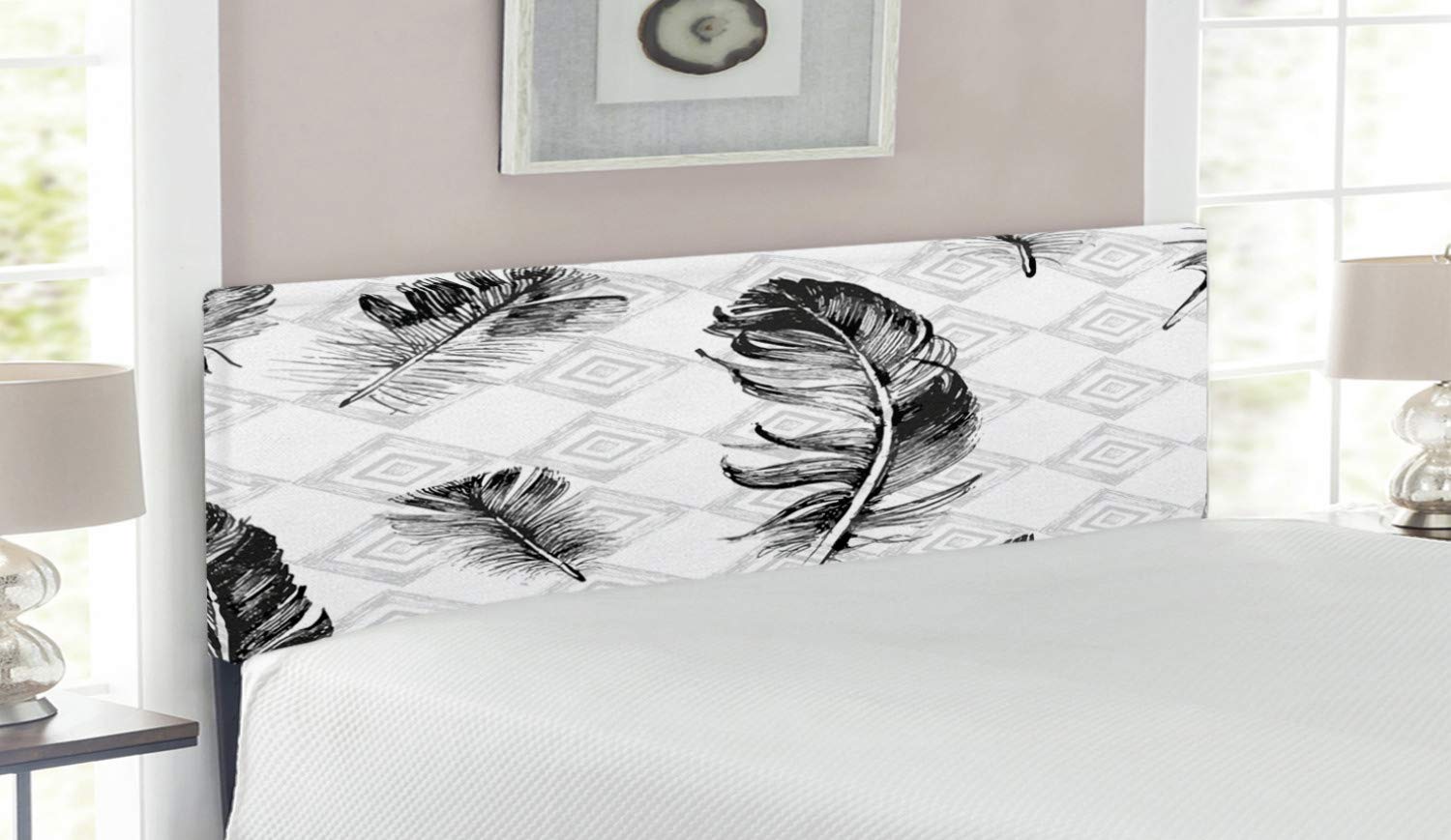 Ambesonne Queen Size Feather Headboard - Faded Geometric Mosaic Pattern with Fluffy Wings Design, Upholstered Decorative Metal Bed Frame with Memory Foam in Black, White & Pale Grey | Perfect for Modern Bedroom Decor & Guest Room Styling