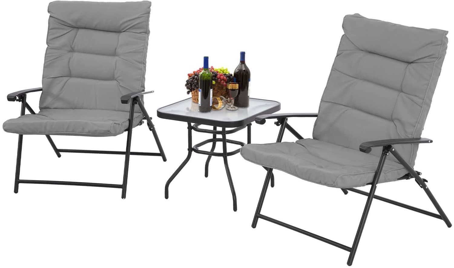 Incbruce 3-Piece Folding Bistro Set with Adjustable Reclining Chairs, Steel Frame & Coffee Table - Classic Grey Cushions for Outdoor Patio, Garden, Deck & Front Porch Relaxation | Perfect for Entertaining Guests or Lounging in the Sun