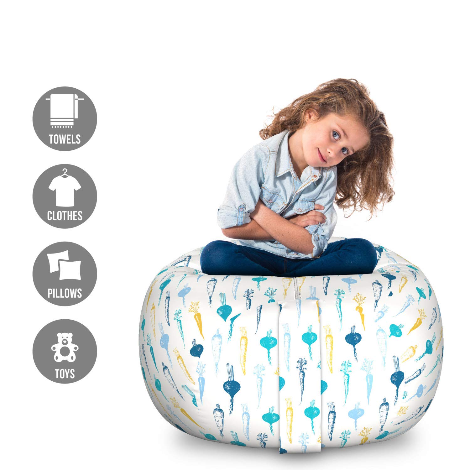 Ambesonne Washable Vegetable Storage Toy Bag Chair - Turnip & Carrot Design Stuffed Animal Organizer, Large White Multicolor - Perfect for Kids' Room, Playroom & Toy Organization