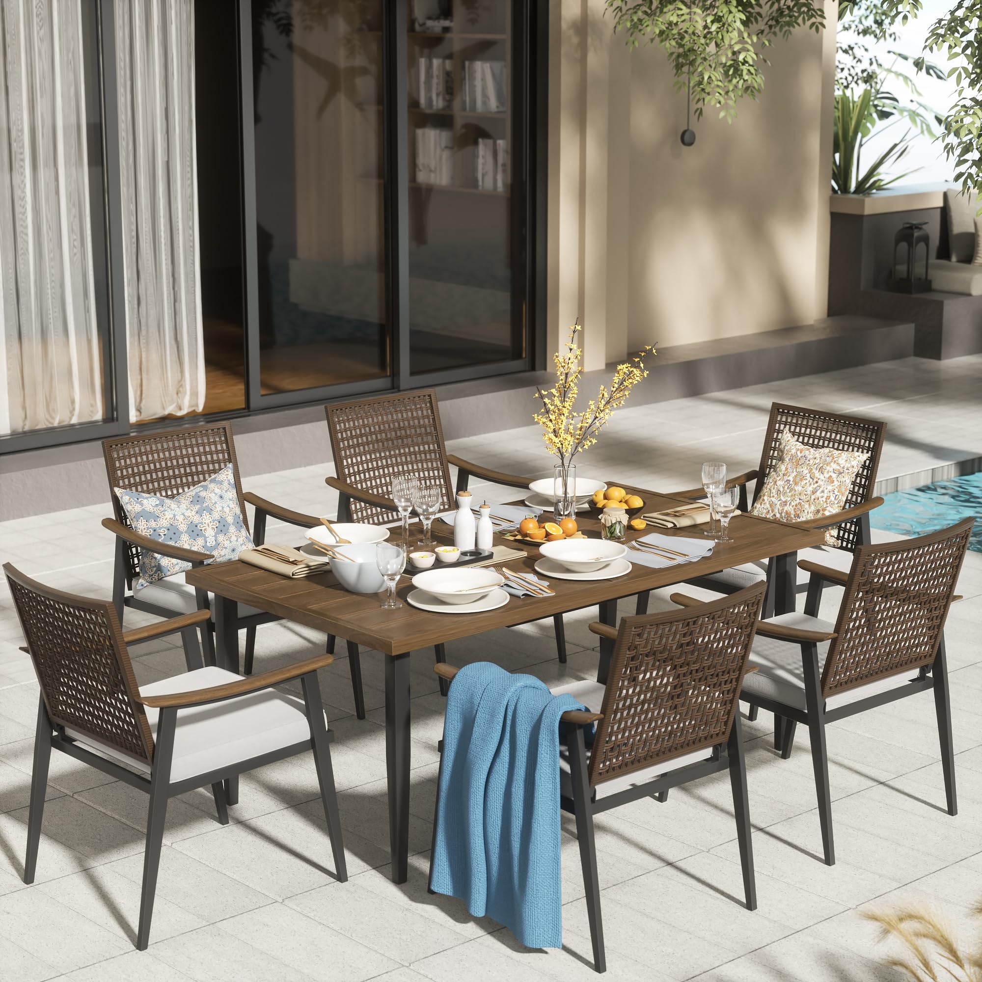 **7-Piece Outdoor Patio Dining Set for 6 - Rattan Wicker Chairs with Cushions & 70
