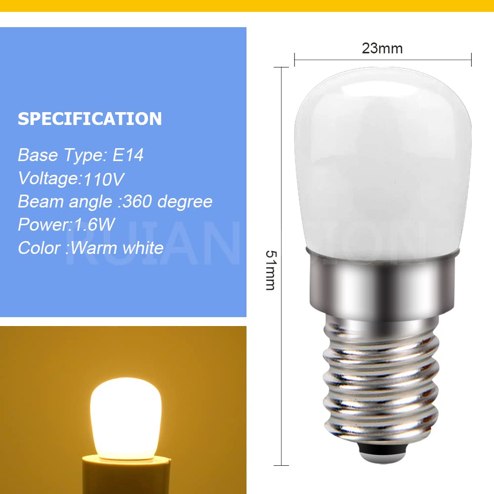 Ruiandsion E14 LED Bulb 110V 1.6W Energy Saving Light Bulbs - Warm White (2 Pack) - Low Heat LED Bulb for Refrigerator, Oven Hood, Sewing Machine, Cabinet & Small Appliances