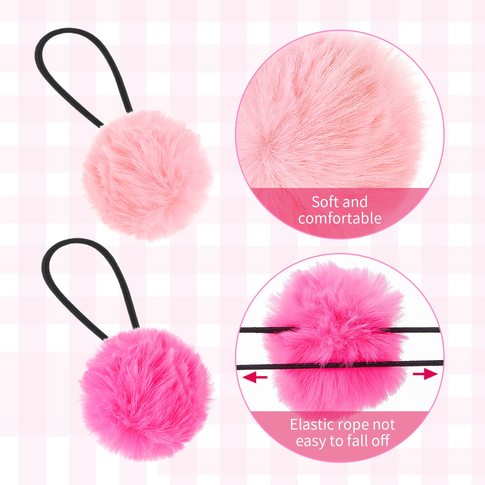 Lusofie 4 Pairs Fluffy Pom Pom Hair Ties - Soft Elastic Hair Accessories for Women & Girls, Stretchy Nylon Hair Bands for Ponytails & Buns - Perfect for Christmas, Halloween & Everyday Use