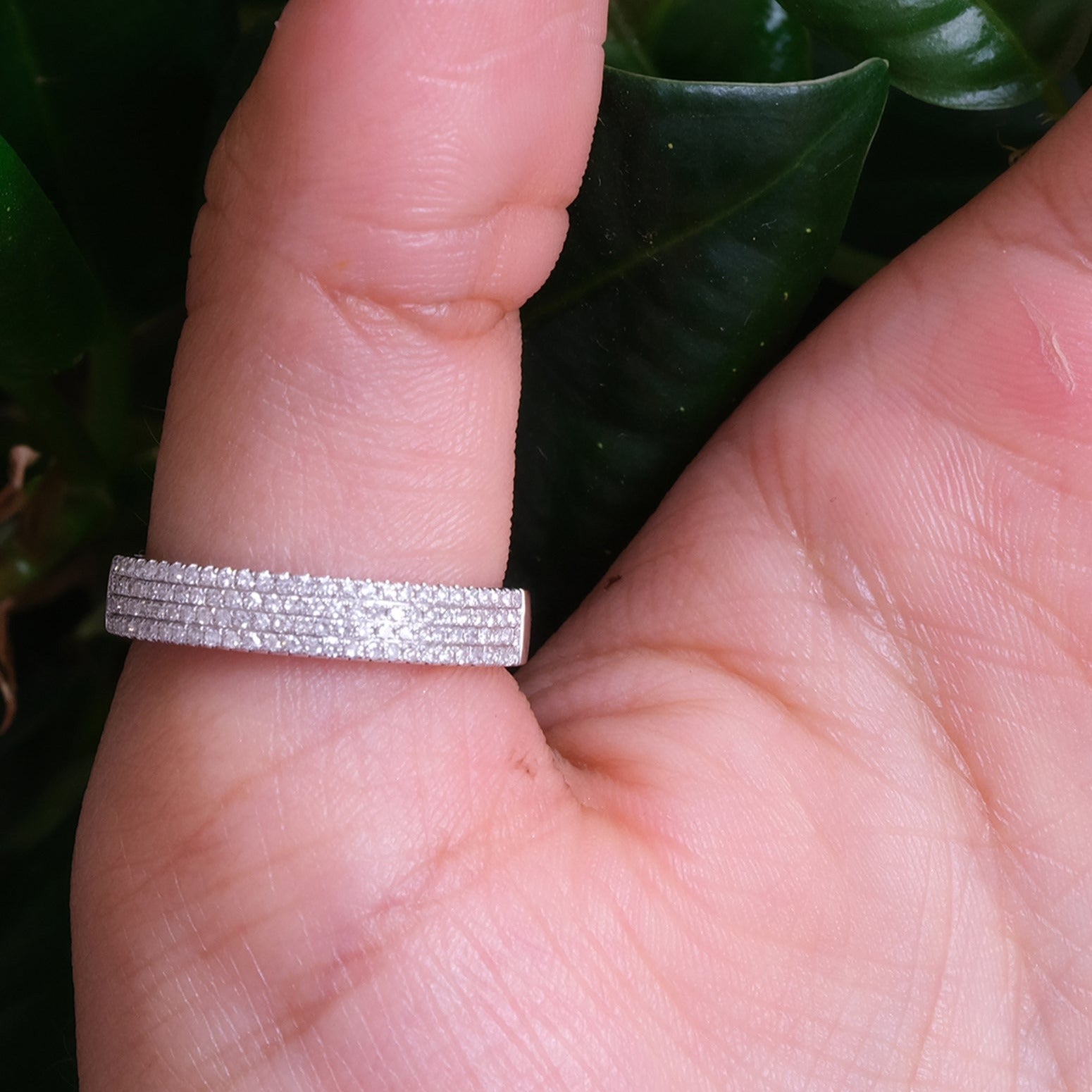 14K White Gold Four Row Diamond Pavé Ring for Women - Elegant Stackable Wedding Band, Anniversary Gift, or Everyday Jewelry
