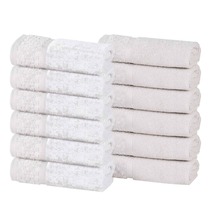 Premium Cotton Plush Jacquard Face Towels - Set of 12 (Solid & Two-Toned) | Soft Bath & Hand Towels for Spa, Gym, Travel & Luxury Home Use