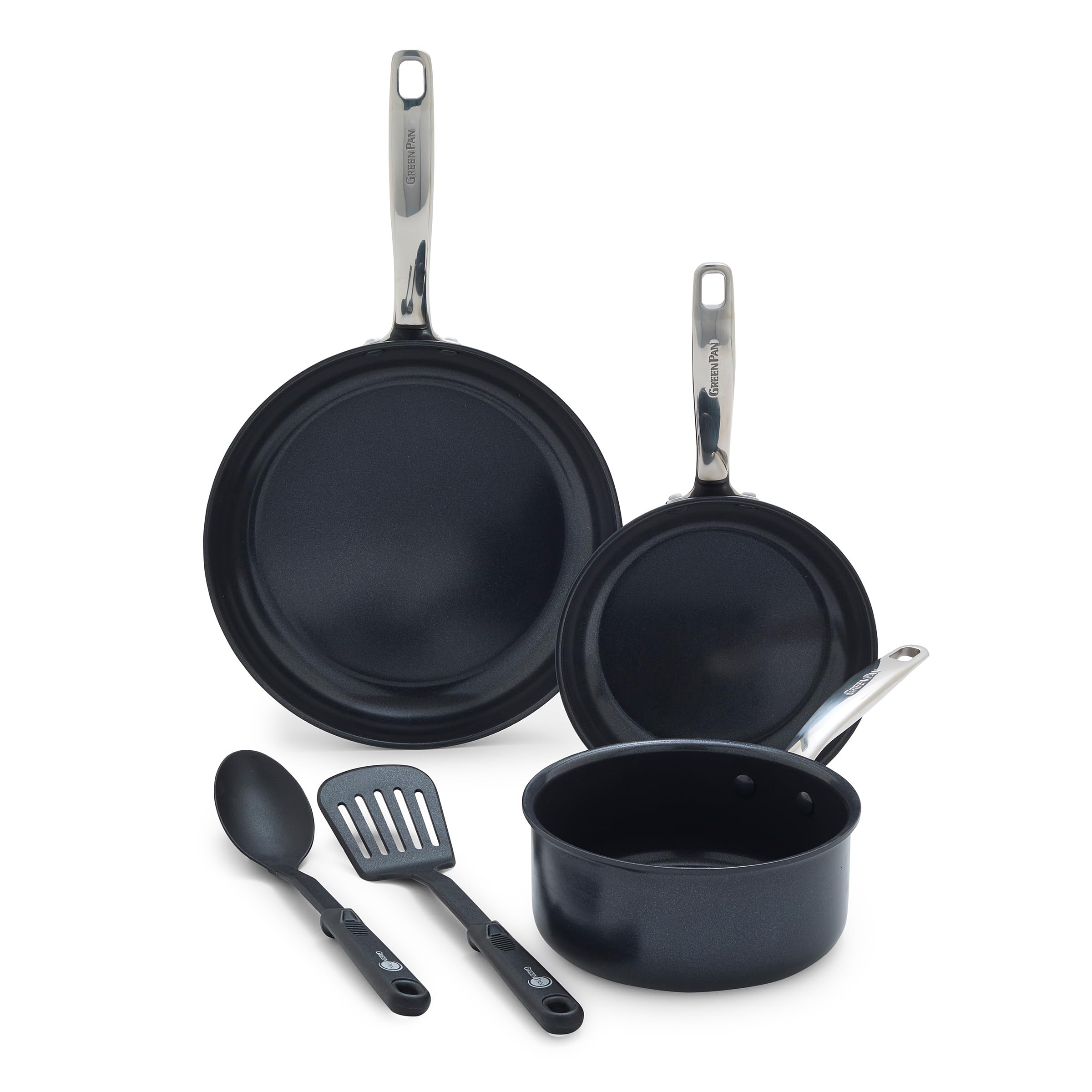 GreenPan Chatham Prime Midnight 5-Piece Nonstick Cookware Set – Hard Anodized Healthy Ceramic Coating, Stainless Steel Handles, PFAS-Free, Dishwasher & Oven Safe – Perfect for Frying, Sautéing & Everyday Cooking (Black)