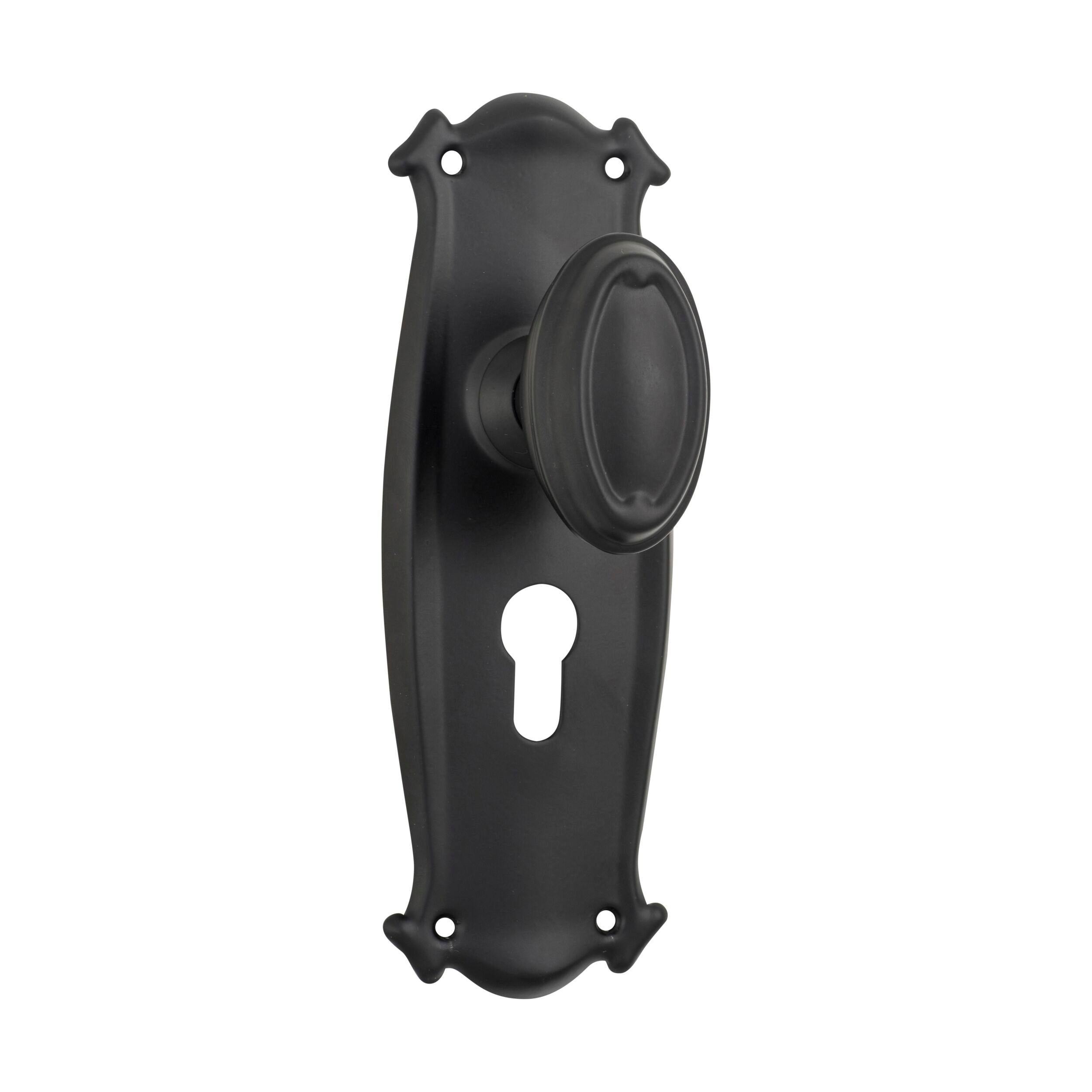 9630E Matte Black Bungalow Euro Style Door Knob Pair - H197xW68xP60mm - Perfect for Bedroom, Bathroom & Interior Doors