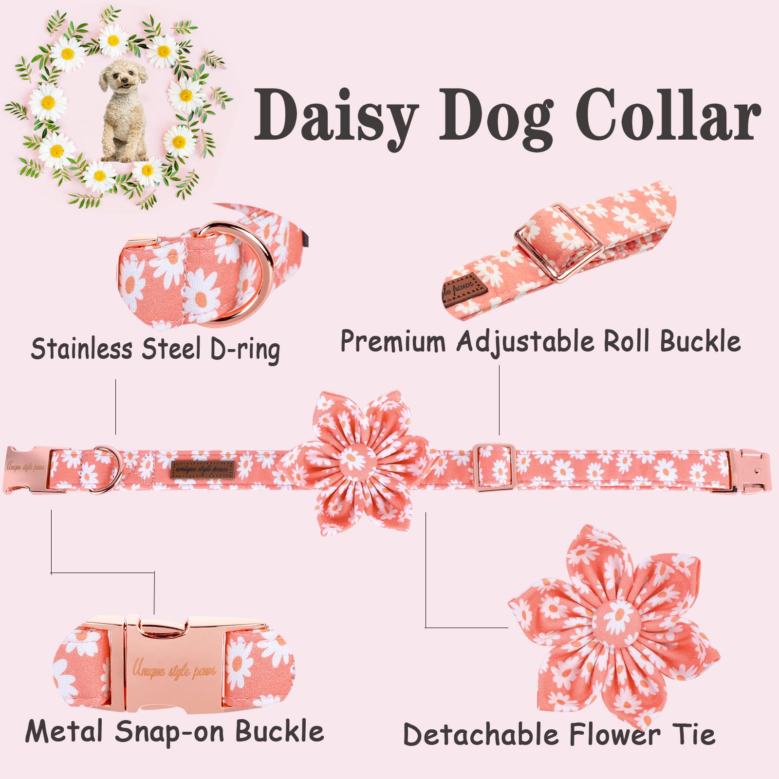 Stylish Pink Daisy Flower Dog Collar with Adjustable Metal Buckle - Summer Pet Accessory for Small, Medium & Large Dogs - Perfect for Walks, Pet Photos & Special Occasions