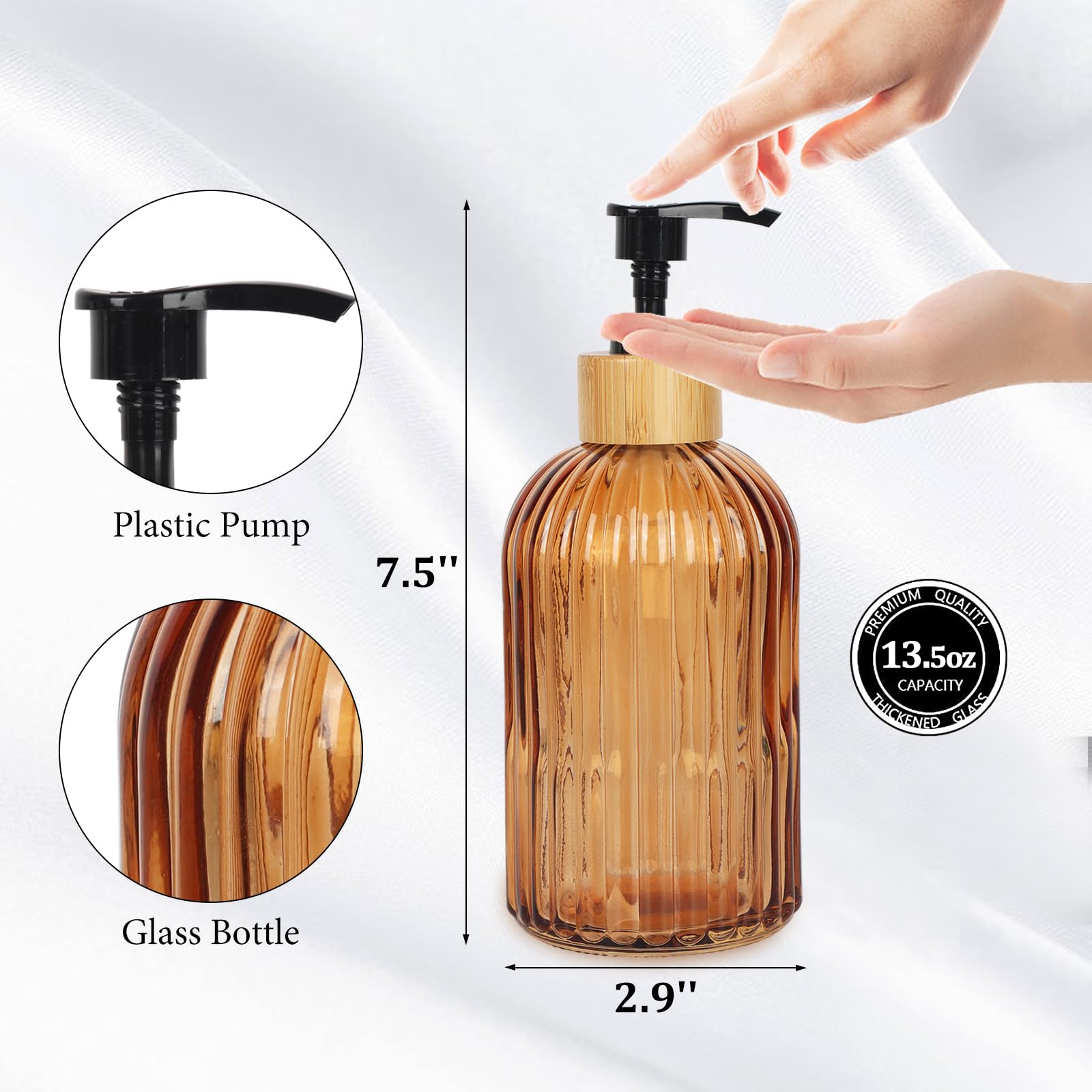 Premium 2-Pack Amber Glass Soap Dispenser with Pump - 13.5 Oz Refillable Lotion Dispenser for Bathroom, Kitchen & Vanity - Eco-Friendly Hand Soap & Dish Soap Dispenser for Home, Office & Spa Use