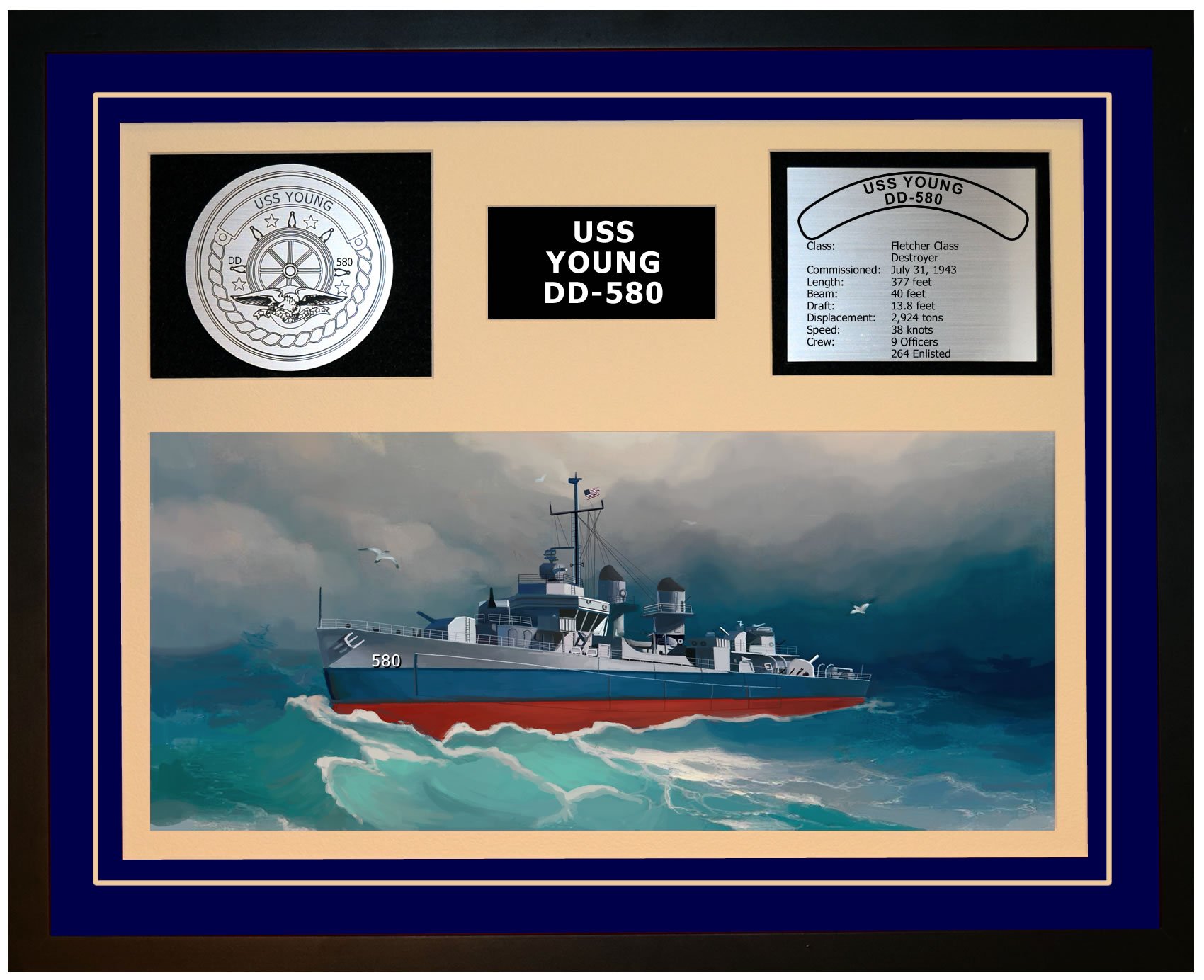 USS Young DD 580 Navy Ship Model - Framed Blue Display for Home & Office Decor - Perfect for Military History Enthusiasts and Navy Veterans