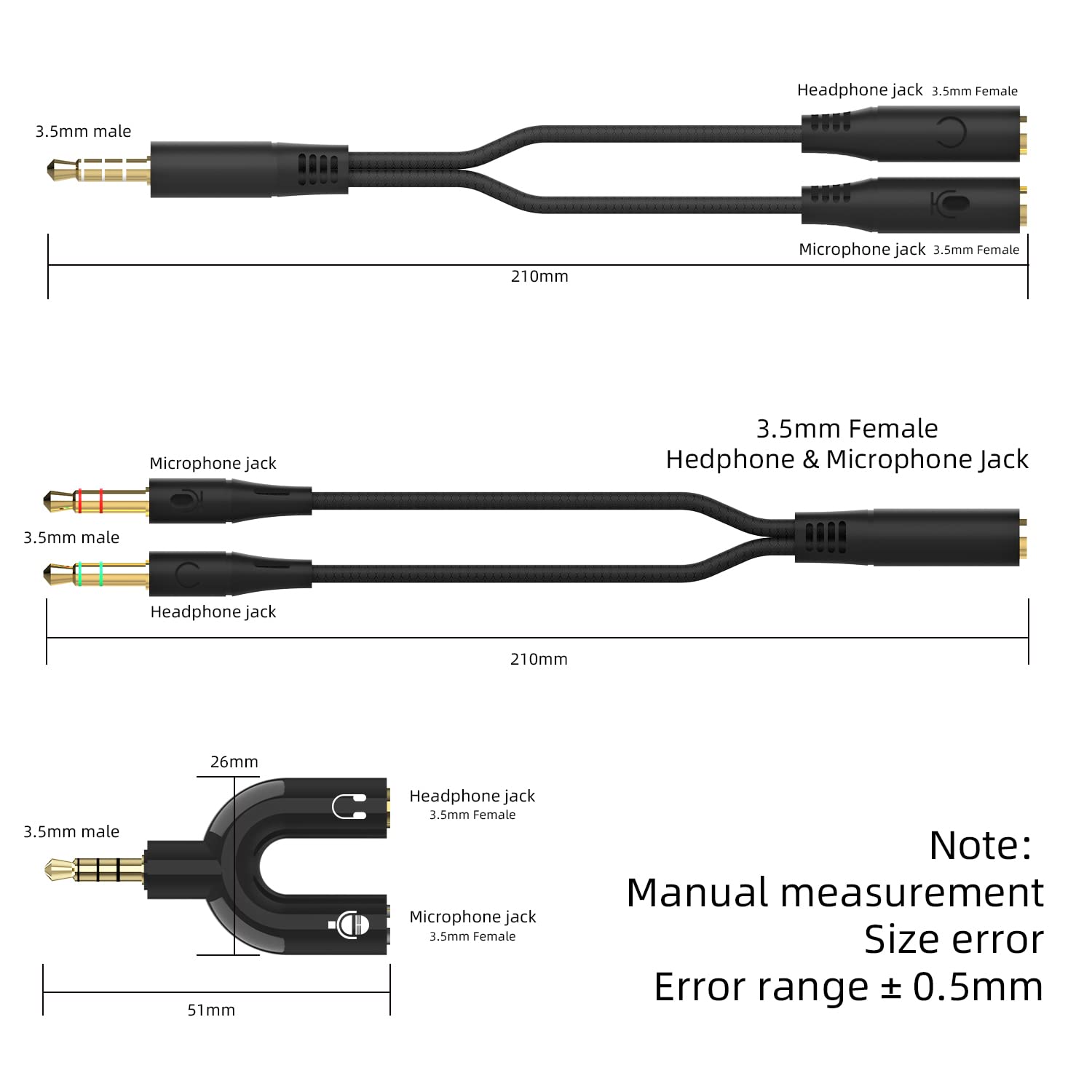 3.5mm Headphone Splitter Adapter - 3-in-1 Stereo Y Cable (Male to 2 Female & Female to 2 Male) for Gaming, Music & Movies - Compatible with PS4, Xbox, iPhone, Android, PC, Laptop, Tablet & Headphones