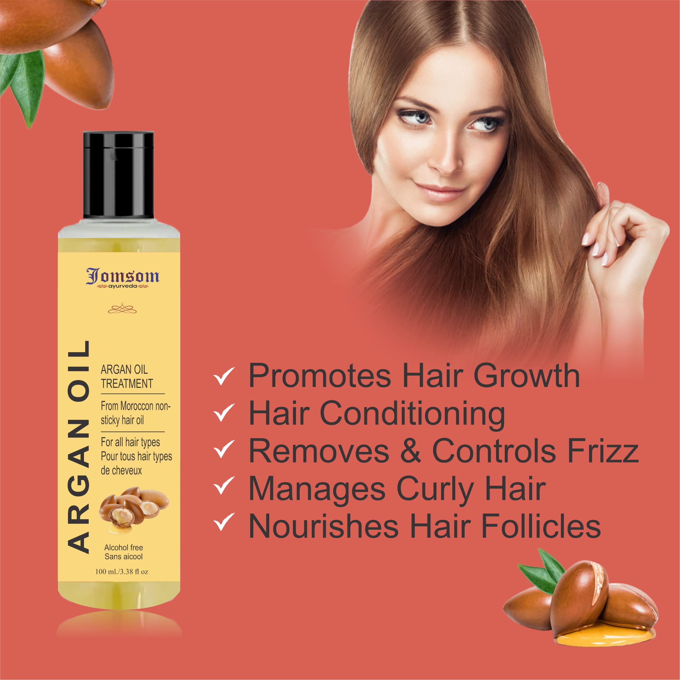 Jomsom Ayurvedic Moroccan Argan Hair Oil - 100% Vegan & Cruelty-Free Hair Treatment for Dry, Damaged Hair | Paraben & Silicone Free | 200ml Bottle | Perfect for Daily Hair Care & Split End Repair