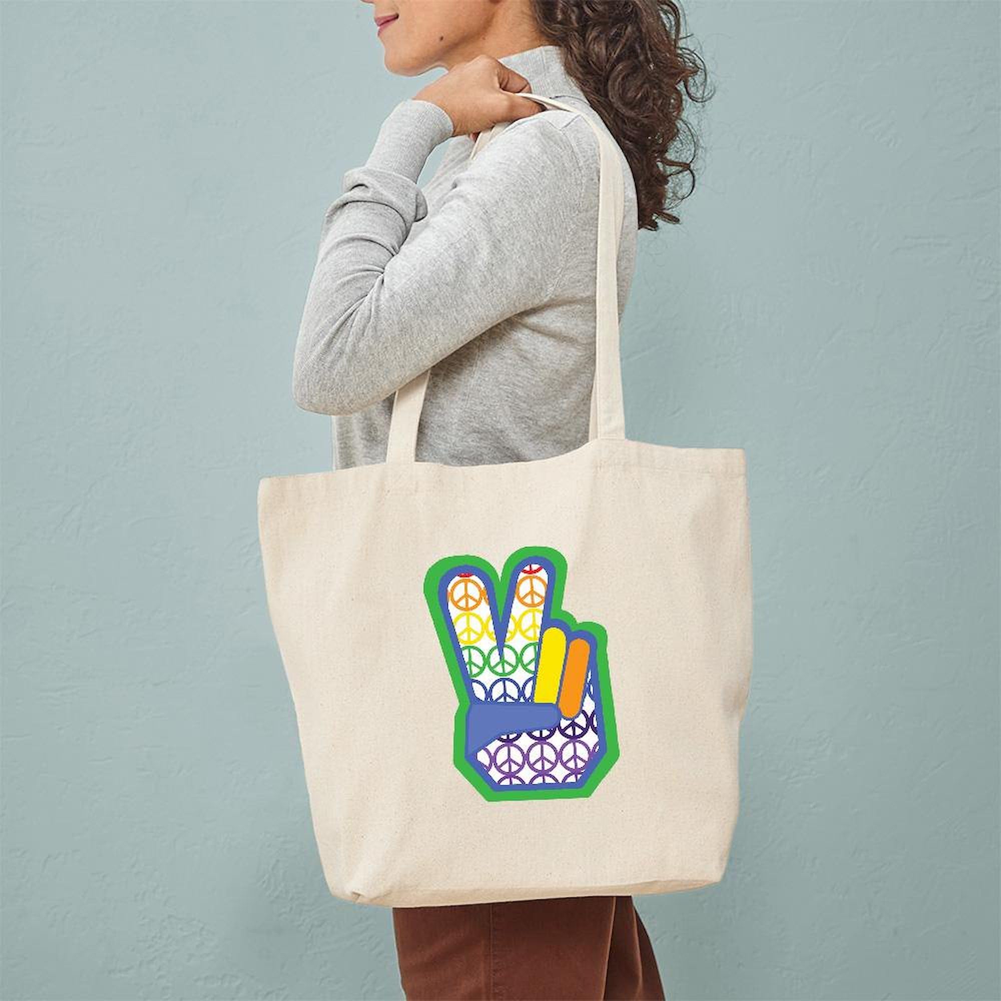 Rainbow Peace Sign Canvas Tote Bag - Eco-Friendly Reusable Shopping Bag for Groceries, Beach & Daily Use | Natural Cotton Handbag for Women & Men