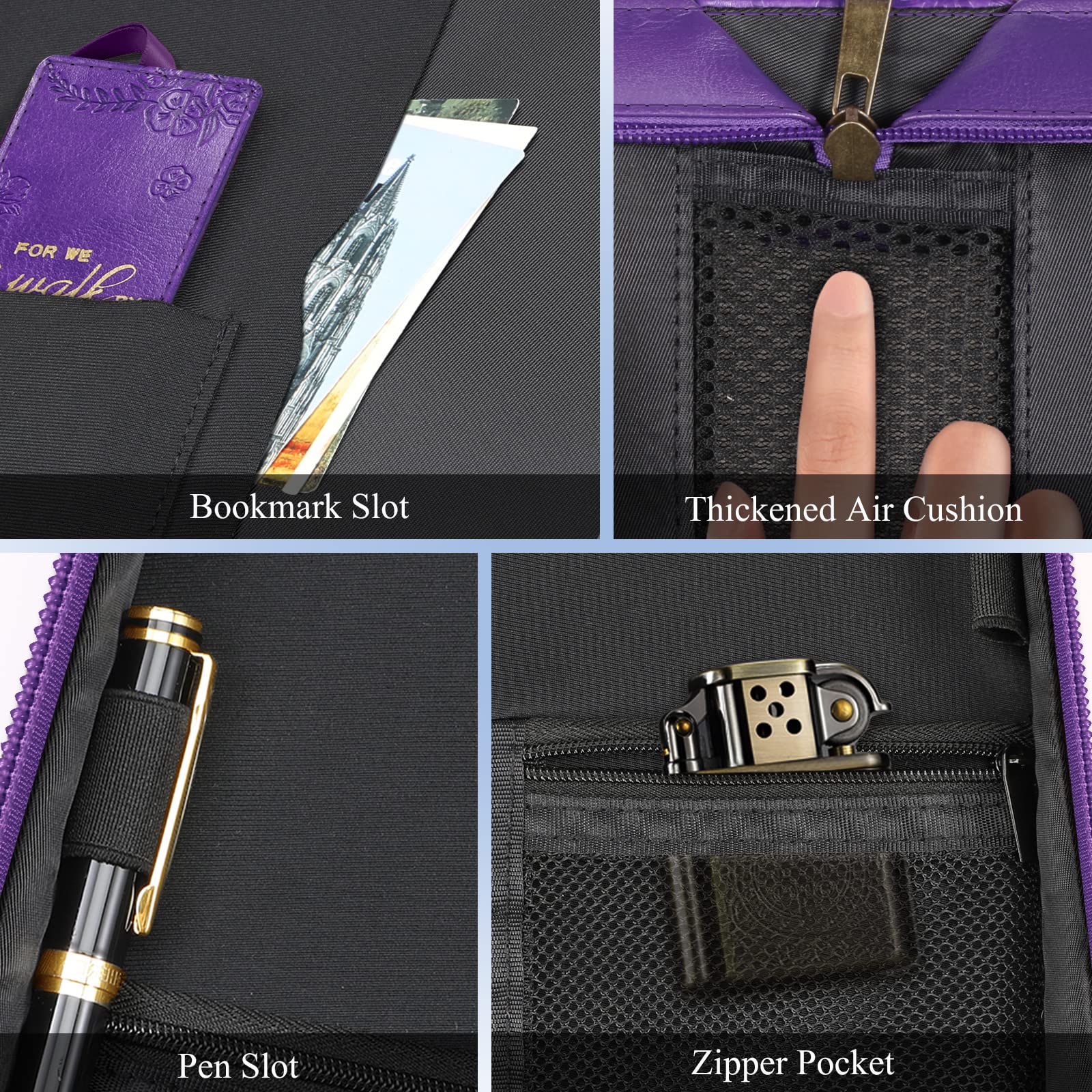 FINPAC Large Classic Vegan Leather Bible Cover with Handle - Protective Bible Carrying Case for Church, Travel & Daily Use - Perfect Gift for Women, Mothers & Friends (Purple)