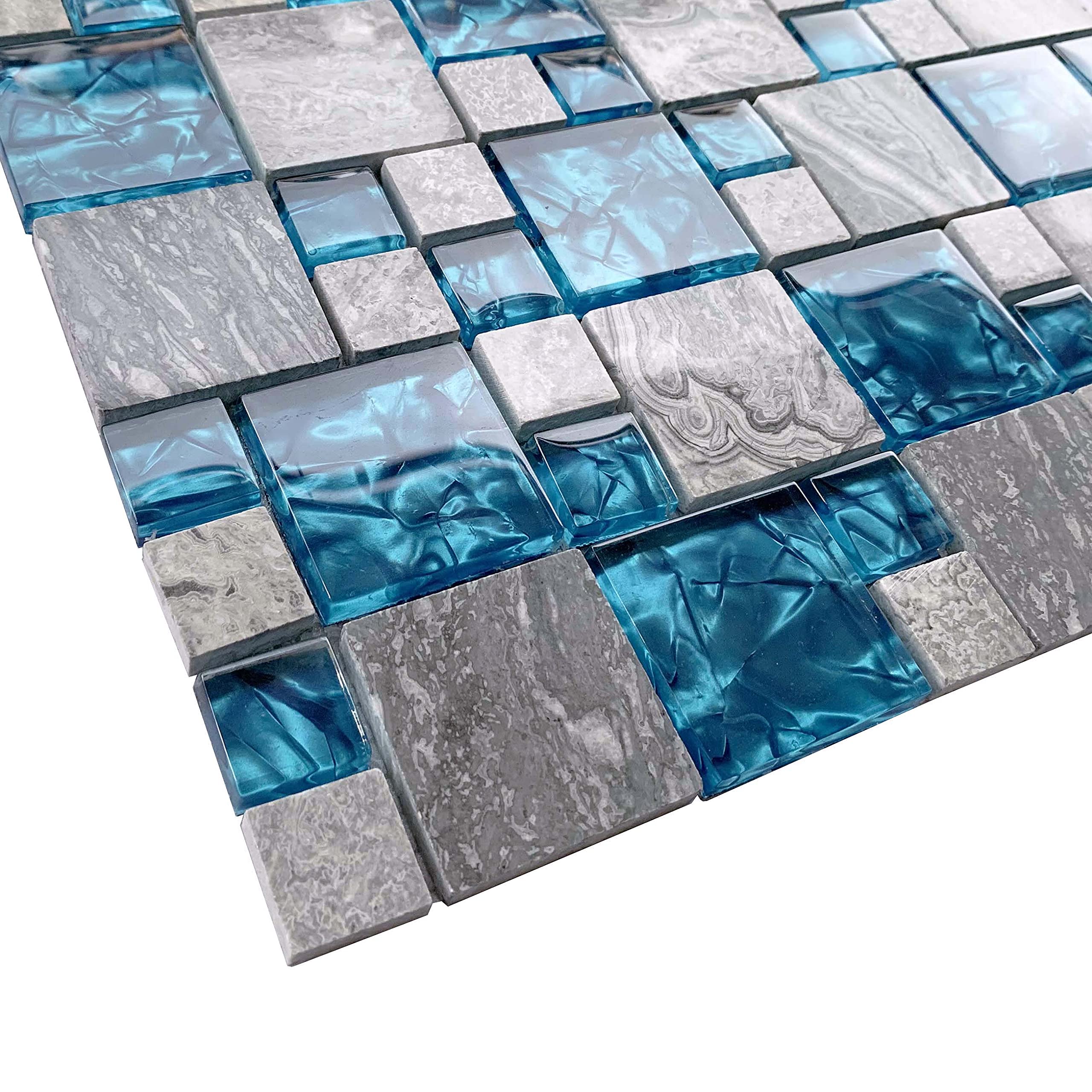 Polished Gray Marble Backsplash Tile with Teal Blue Glass - Versailles Pattern Mosaic for Kitchen, Bathroom, Shower Wall & Fireplace Decor (11 Sq Ft) - Waterproof & Stain Resistant for Easy Cleaning