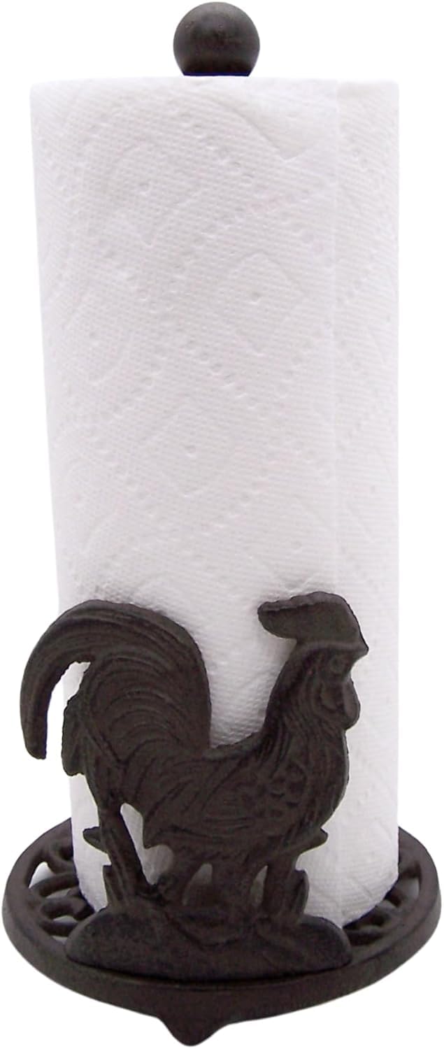 13 Inch Cast Iron Rooster Paper Towel Holder - Rustic Kitchen Decor for Farmhouse & Country Style Homes - Perfect for Kitchen Countertops, Pantries, and Dining Room Storage
