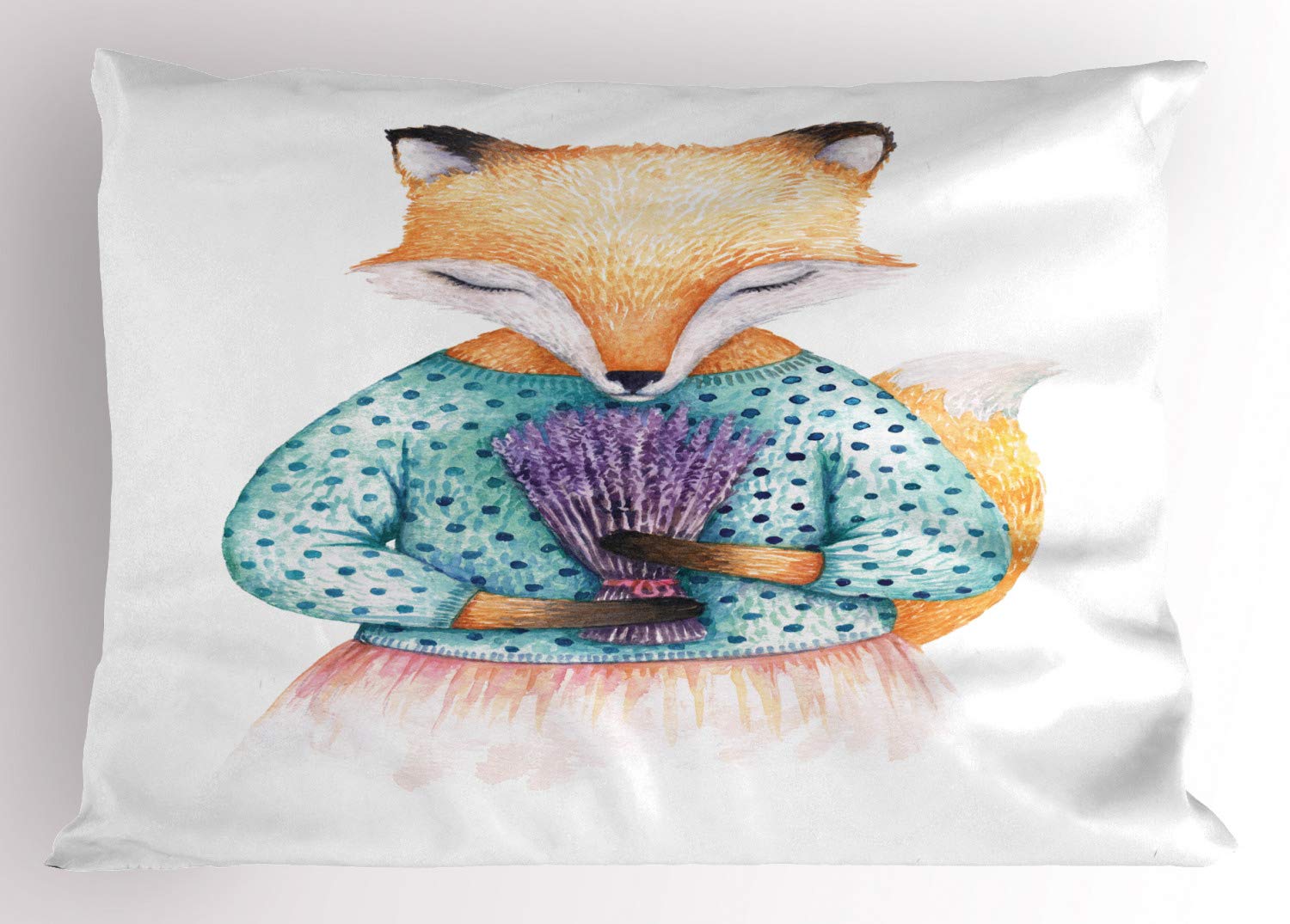 Ambesonne Cartoon Fox Lavender Bouquet Printed Pillow Sham - Decorative Standard Size 26