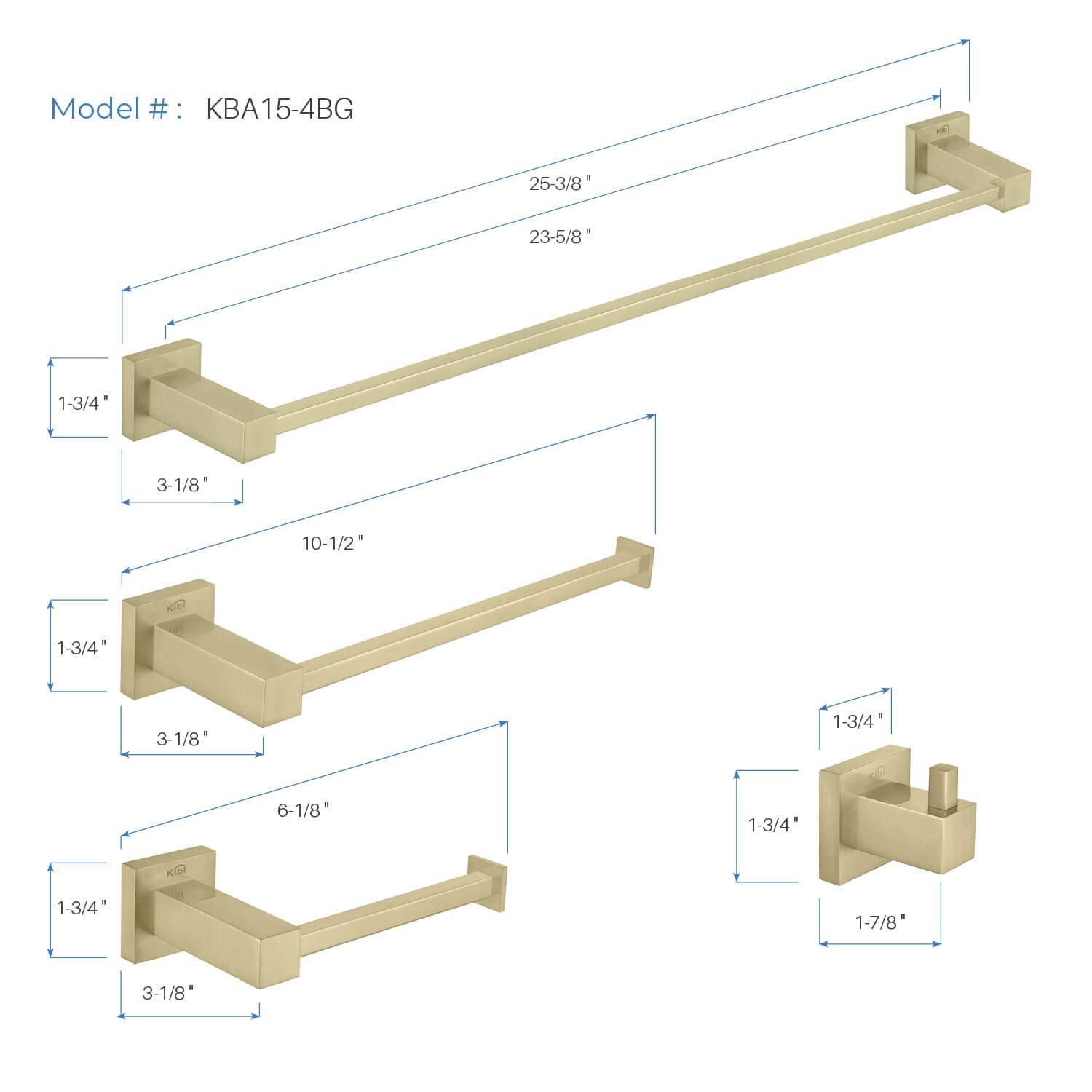 KIBI Cube 4-Piece Bathroom Hardware Set - Solid Brass Towel Bar, Towel Ring, Toilet Paper Holder & Robe Hooks | Brushed Gold Finish | Durable & Stylish for Modern Bathrooms | Perfect for Home, Hotel & Spa Decor (C-KBA15-4)