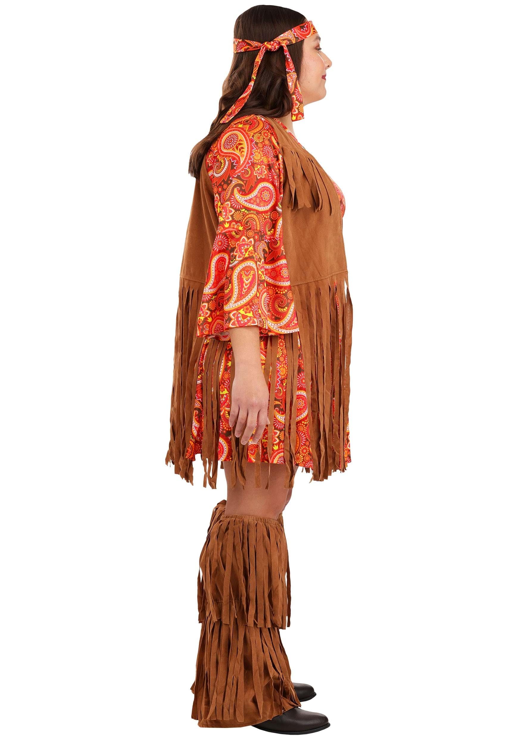 Plus Size Women's 70s Hippie Costume Set - Retro Disco Dress with Fringe Vest, Boot Covers & Headband for Halloween, Theme Parties & Cosplay