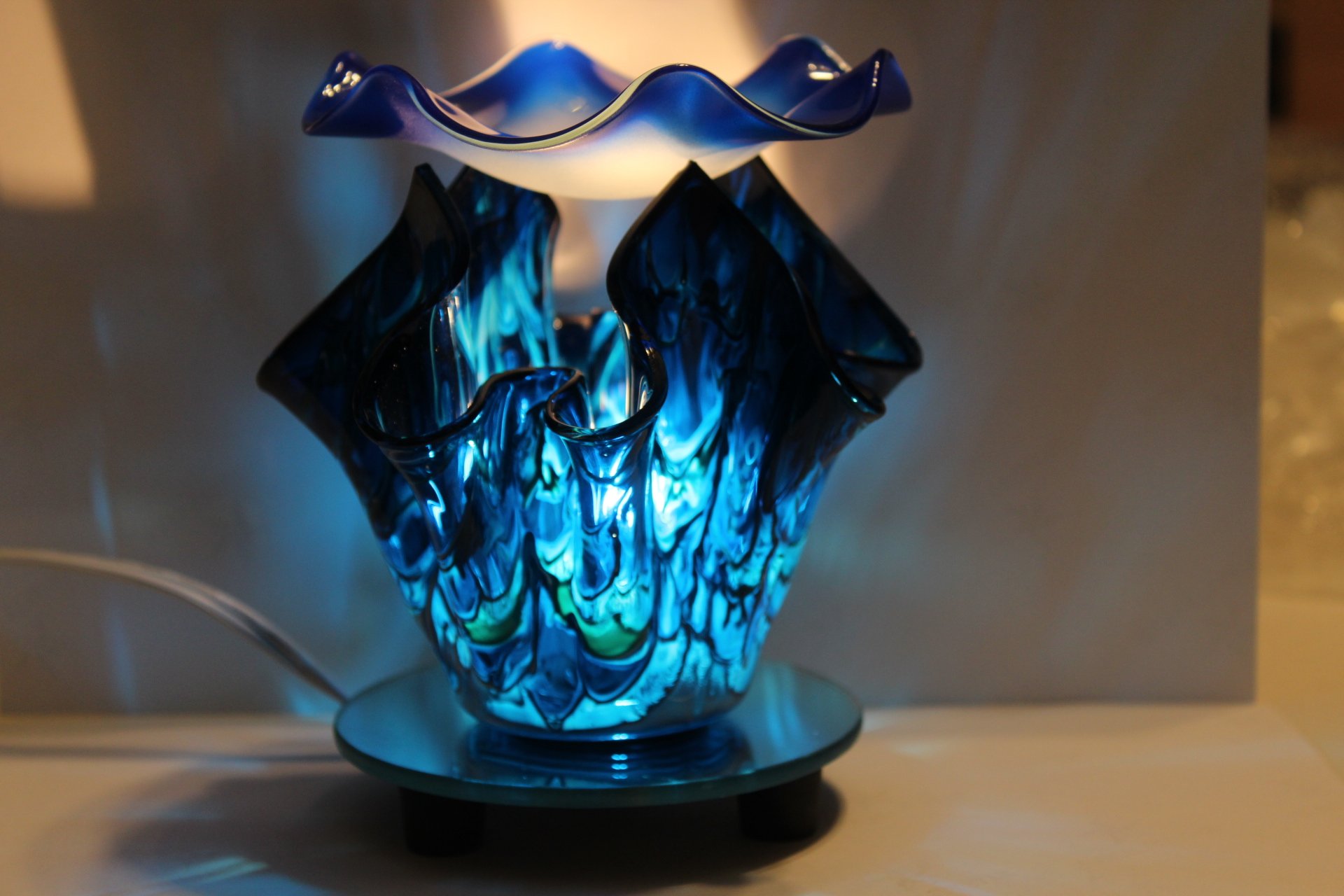 Electric Tart Burner Aroma Lamp Oil Warmer - Blue Tulip Shape with Dimmer Switch, 5.5