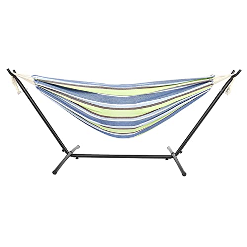 9ft Double Cotton Portable Hammock with Stand - Heavy Duty Space Saving Steel Frame (450 lb Capacity) - Green Striped Hammock with Natural Rope - Perfect for Patios, Backyards, Camping & Outdoor Relaxation